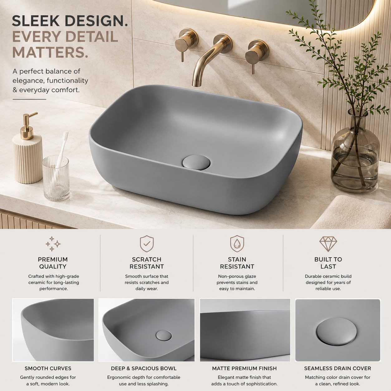 REMANENCE Premium Designer Matte Finish Table Top Ceramic Wash Basin/Vessel Sink with Slim Rim for Bathroom (18 x 13 x 5.5 Inch) (Matte Grey) 1