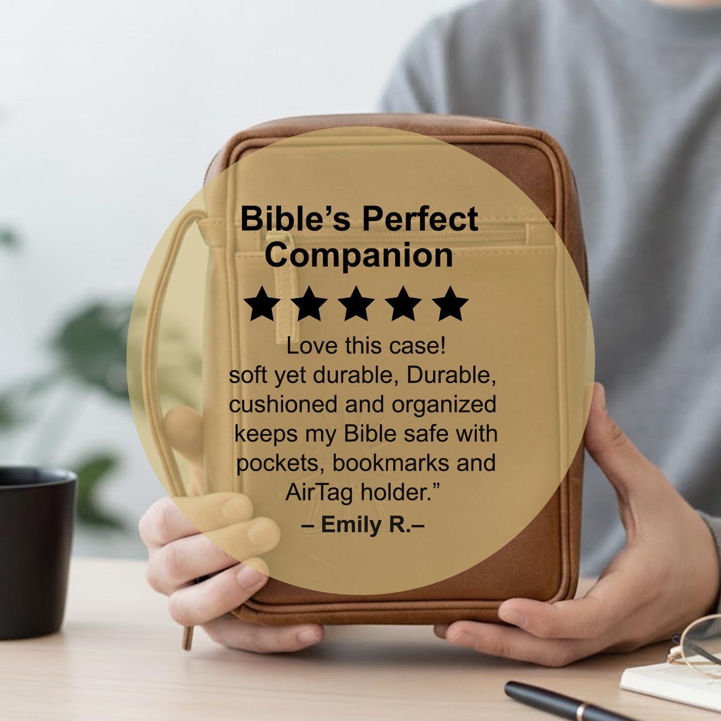 Sovereign-Gear Funda grande de cuero para la Biblia con cruz, piel de búfalo auténtica para hombres y mujeres, con asa, cremallera, bolsillos, bolsa de iglesia más marcapáginas y soporte compatible