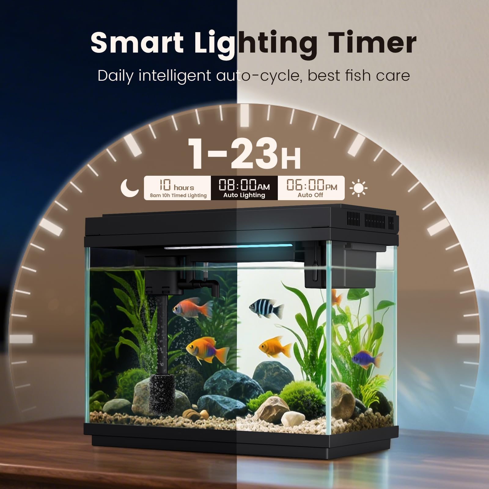 Betta Tank Fishkeeper 2.3G Smart Aquarium - Ultra Clear Glass W/ Auto Timer 8-Color RGB Lights, 4-in-1 Self-Cleaning Silent Water Pump, Aromatherapy, Temperature Display, Perfect For Desktop Decor Fish Tank