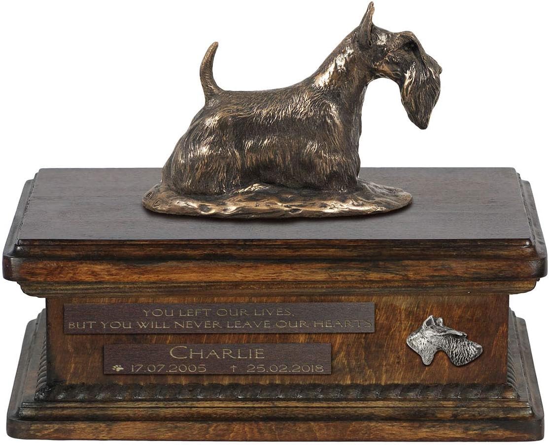 Art-Dog Custom Dog Sitting Statue Memorial Urn - Handmade Cold Cast Bronze on Birch Base – Sturdy and Stylish Urn for Dog’s Ashes – 8.3x11.4x8.7 – 5l – Scottish Terrier I