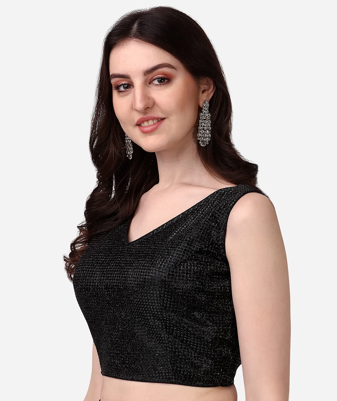 Pujia Mills Womens V Neck Sleeveless Saree Blouse(Gk Bonding Black_38)