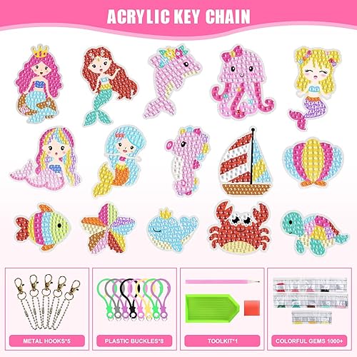 Miniatura 3 de CAYUDEN Llaveros de pintura de diamantes, 15 llaveros de arte de diamantes 5D, adornos de pintura de diamante de sirena, llavero con colgante de