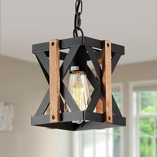 OQIZUEY Rustic Farmhouse Pendant Light Adjustable Chains 1-Light Mini Industrial Metal and Wood Hanging Light Fixture Black Cage Chandelier for