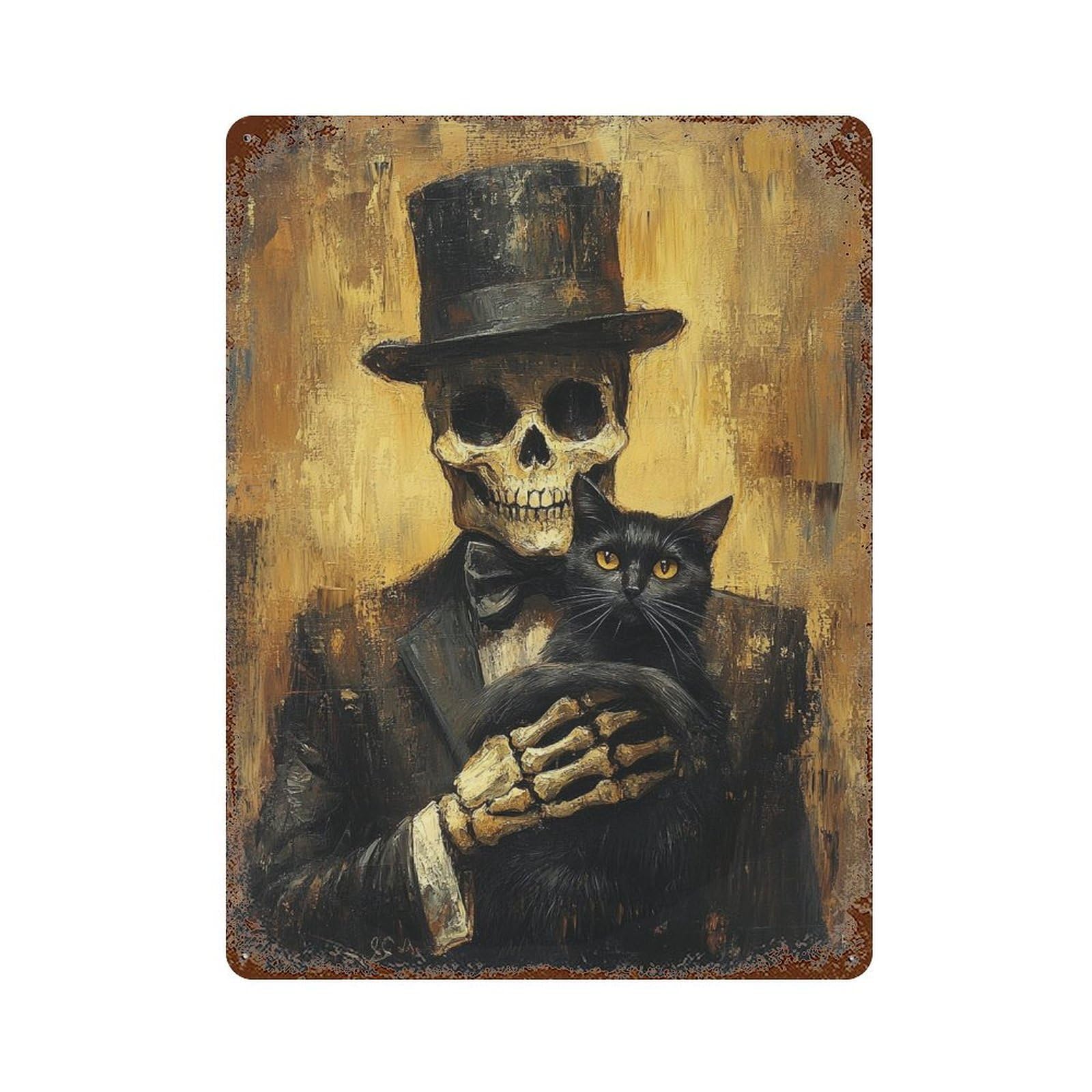 Haunting Skeleton with Black Cat Art Print Rustic Tin Plaque 15.7"x11.8", Industrial Home Decor for Pub, Kitchen And Man Cave Decor