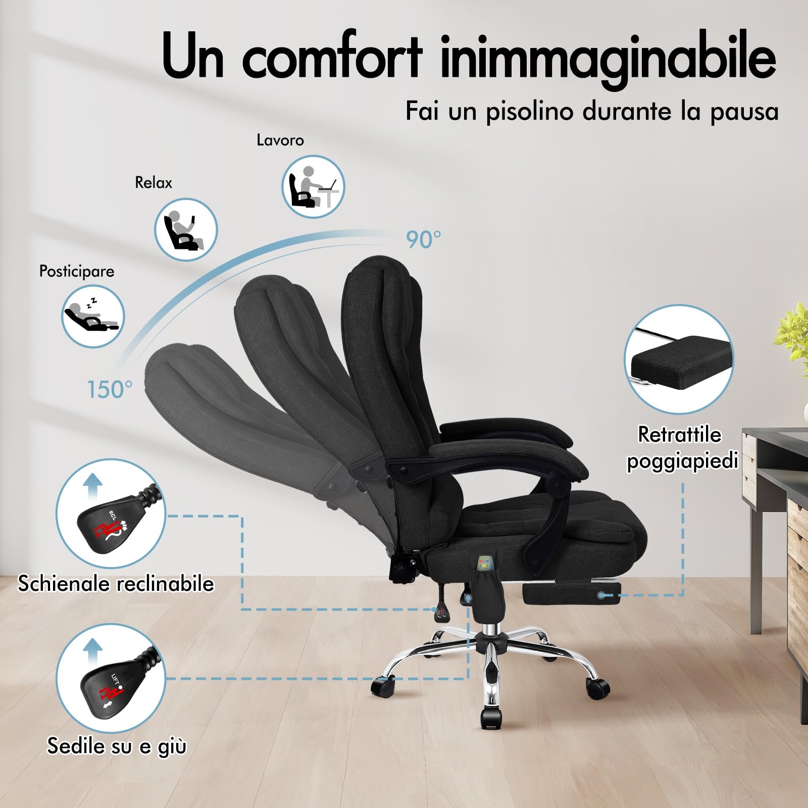ALFORDSON Sedia Scrivania con Massaggio, Sedia Ufficio Ergonomica con Sedile riscaldato, Supporto Lombare e Poggiapiedi, Poltrona Girevole per Ufficio e Studio Sala Riunioni, Tessuto(Nera)