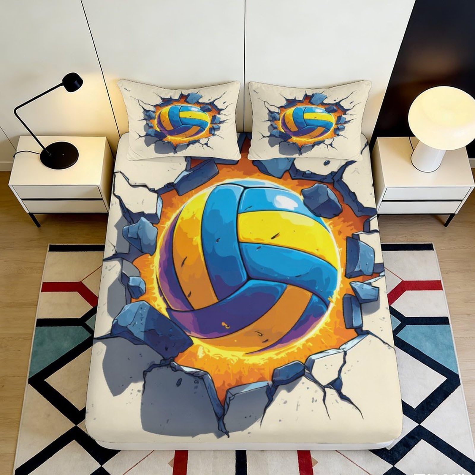 3D Printed Cracked Wall Volleyball Fitted Sheet Microfiber Soft Bed Cover for Bedroom Guest Room Dorm Mattress Decor 90x200x25cm
