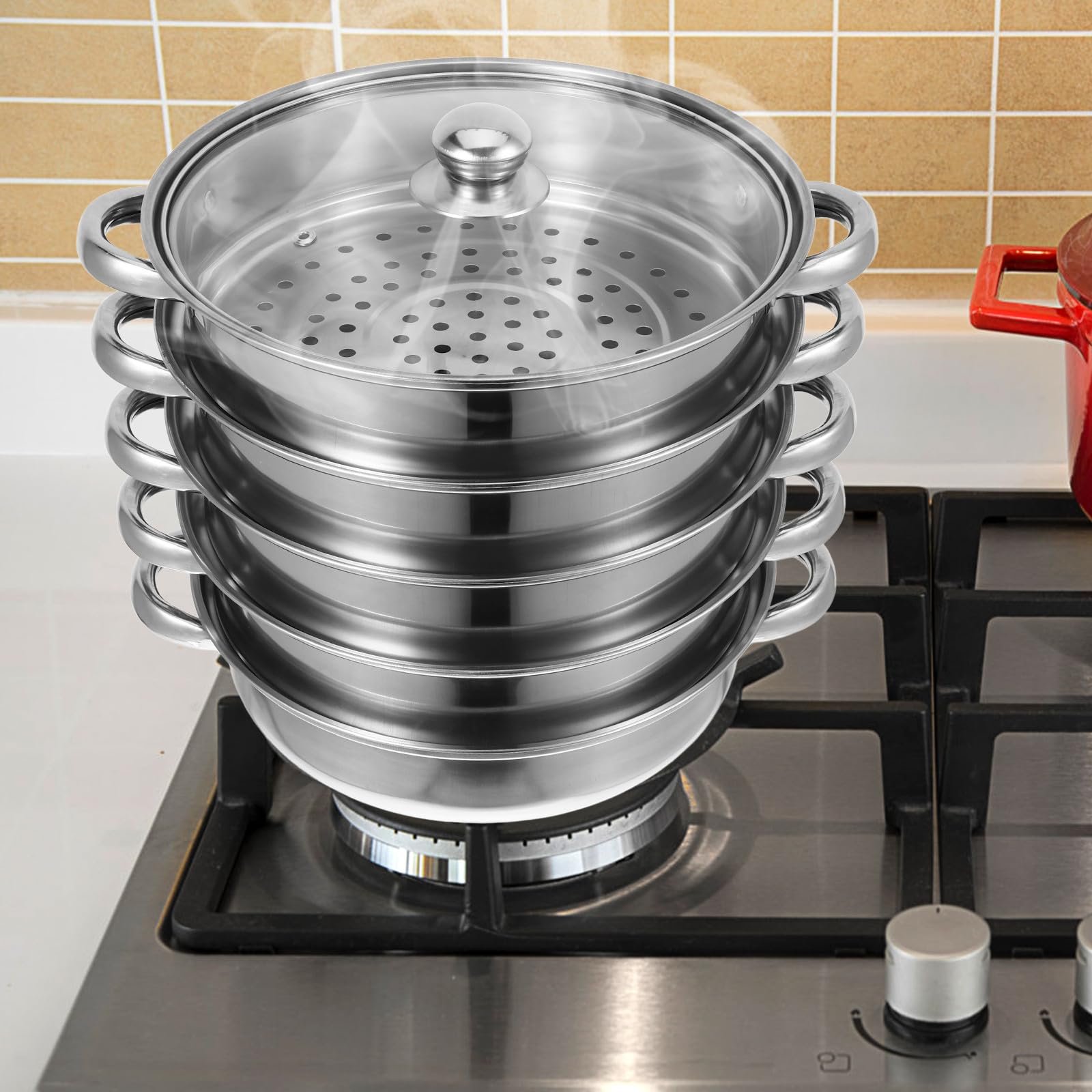 IMIKEYA Pentola a vapore in acciaio inox 5 livelli 28 cm, pentola da zuppa multifunzionale per cucina a vapore, utensili da cucina pratici per vapore, bollire e cucinare a casa