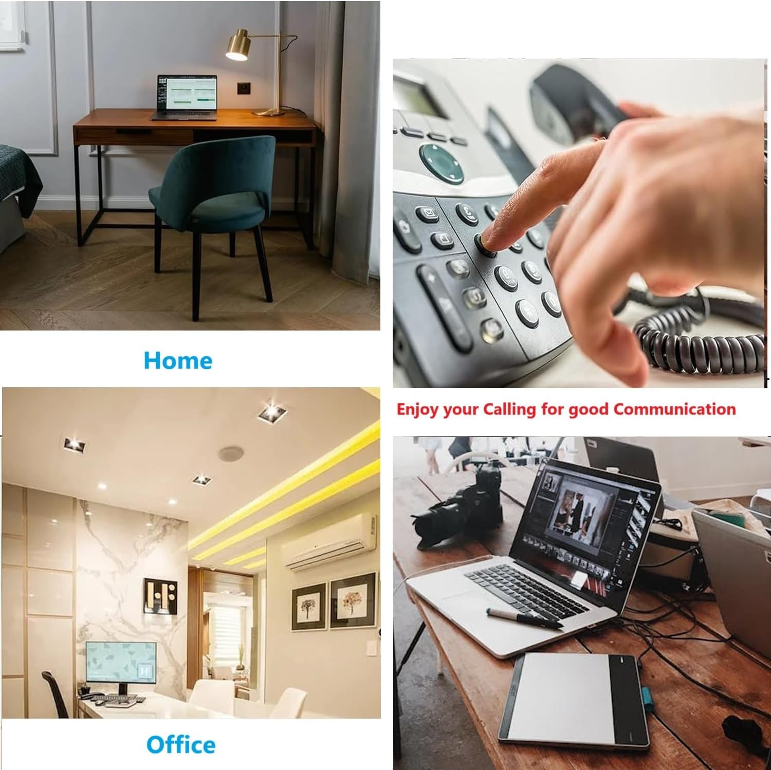 Cable de extensión de teléfono largo de 33 pies (10 m), negro, cable de línea de cable de teléfono con enchufe RJ11 estándar, 1 divisor de línea telefónica, acoplador de 1 en línea y 25 clips de cable