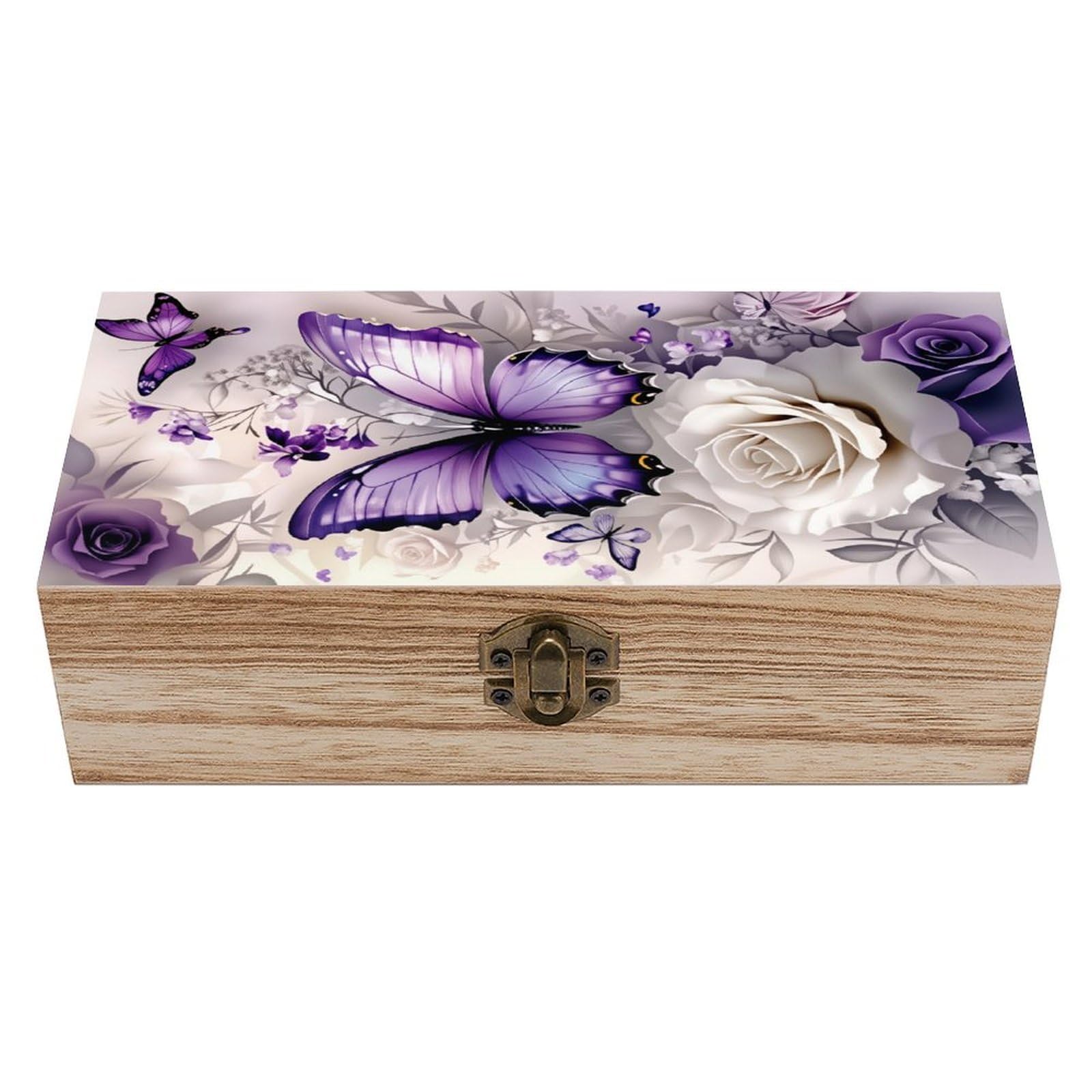asbwuo Purple Flower Butterfly Vintage Wooden Keepsake Box