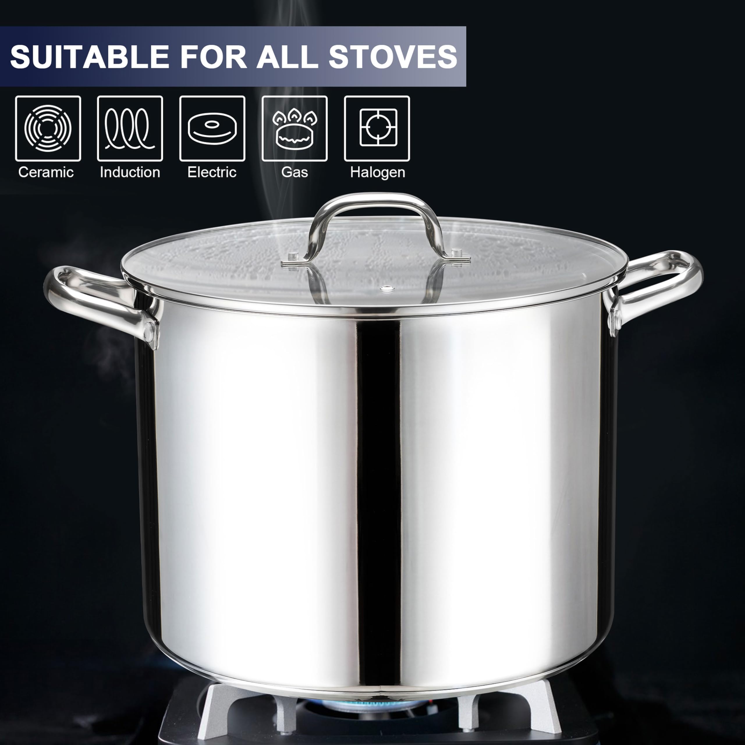 LIANYU Großer Suppentopf aus Edelstahl, 24 QT, robuster Suppentopf mit Glasdeckel, tiefer klassischer Suppentopf zum Kochen, Schmoren, Köcheln, dicker, dreilagiger Boden und kühlbleibender Griff