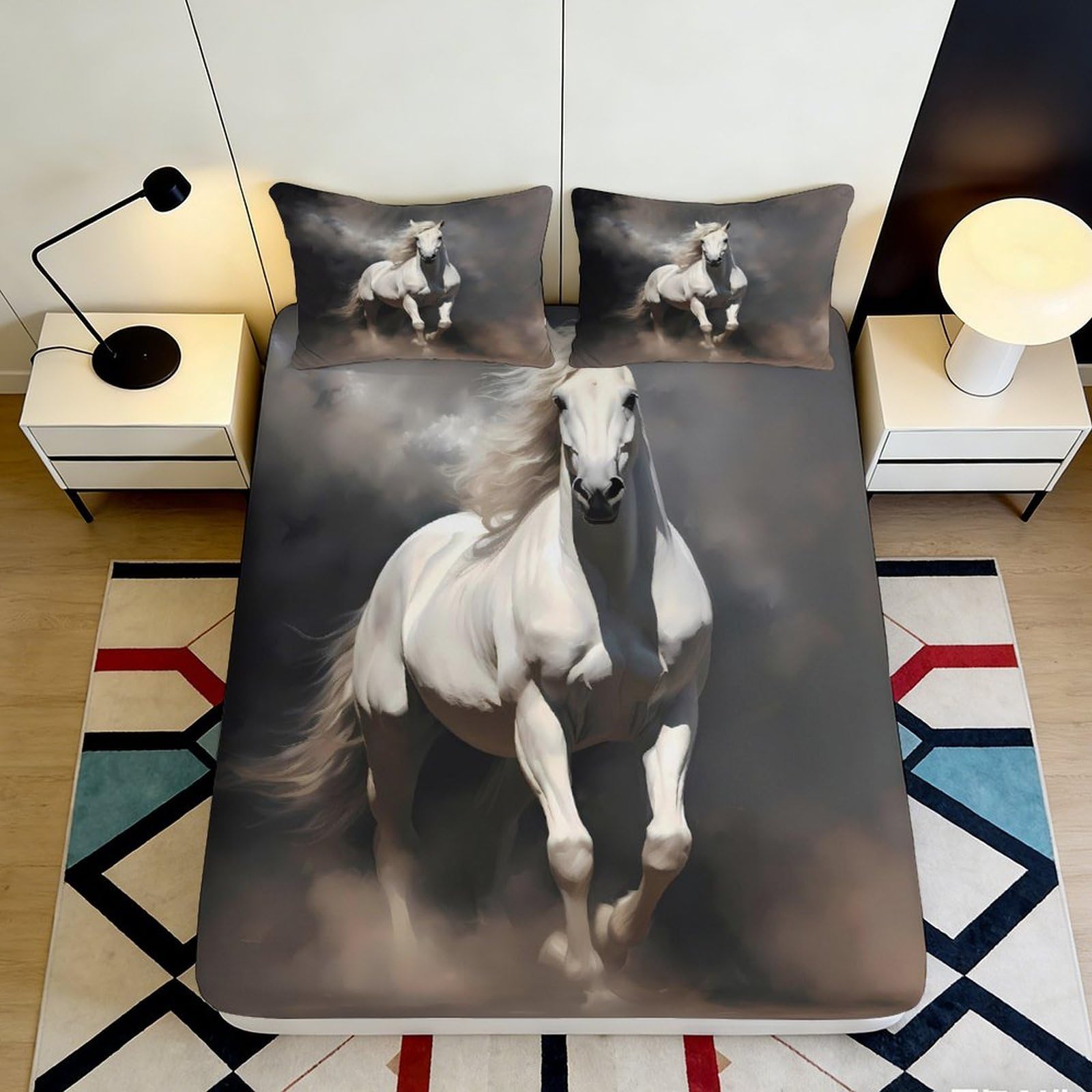 3D Printed White Horse Fitted Sheet Microfiber Soft Decorative Cloud Scene Bed Cover for Bedroom Guest Room Dorm 90x200x25cm