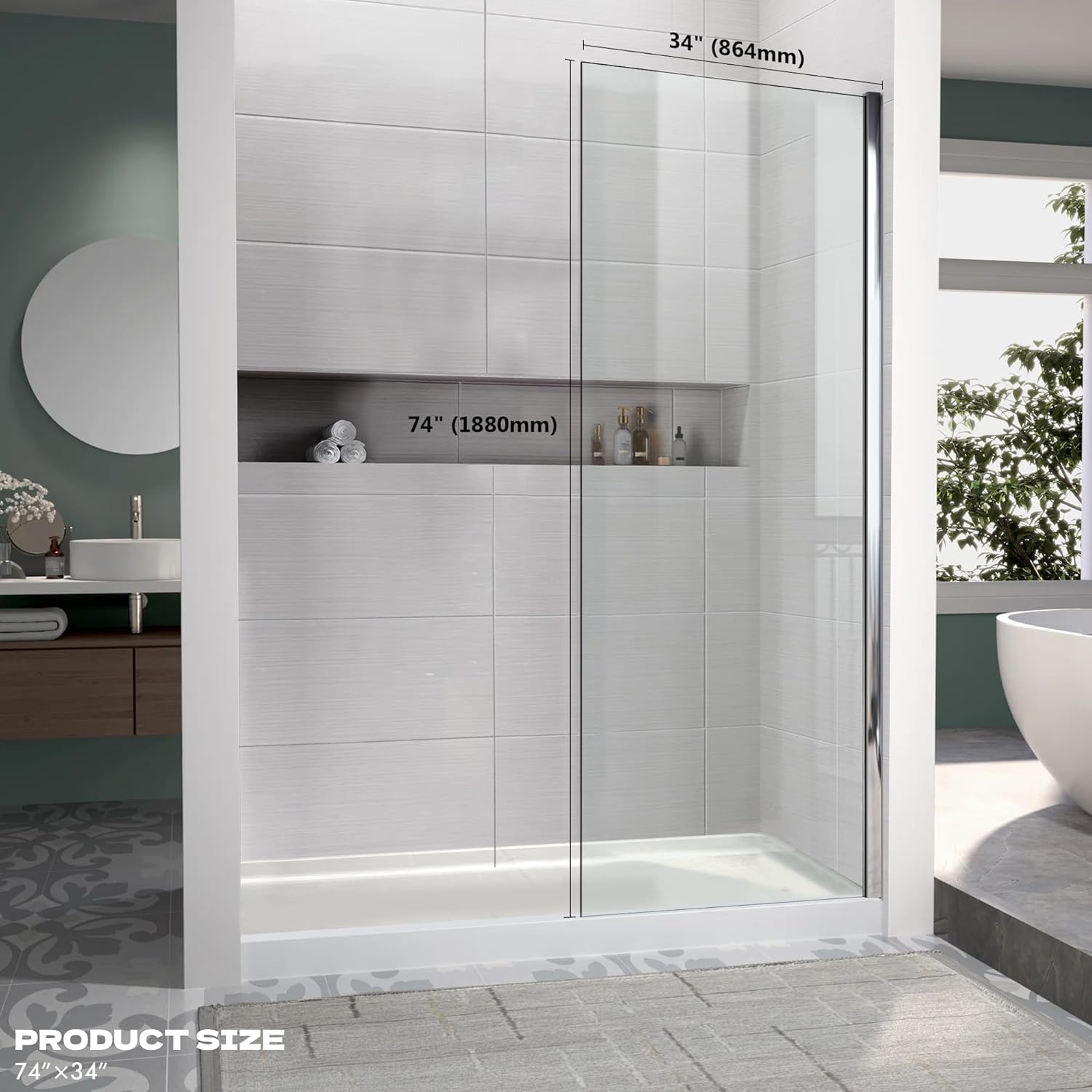 Shower Glass Door 34W*74H Inch, Bathroom 1/4-framed Fixed Shower Glass Panel, 5/16"(8MM) Thick Clear Tempered Glass Door, Chrome