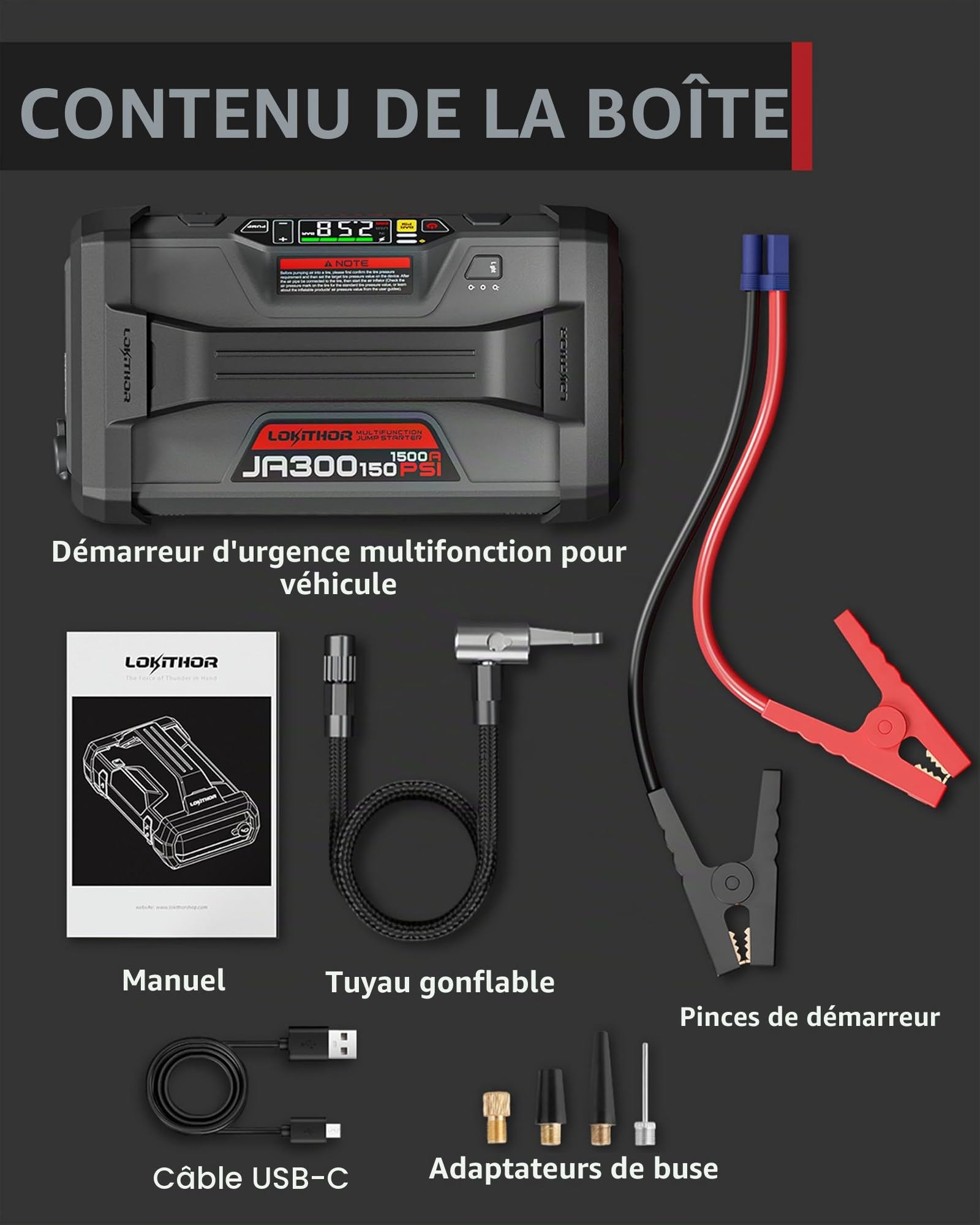 LOKITHOR JA300 Booster Voiture 1500A avec Compresseur 150 PSI 12V