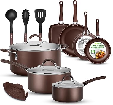 NutriChef Stackable Pots and Pans Set - Ceramic Non Stick Pan Set, Induction Hob Cookware Set, Premium Cooking Set w/Lids, Heat Resistant, 14 Pcs, Brown