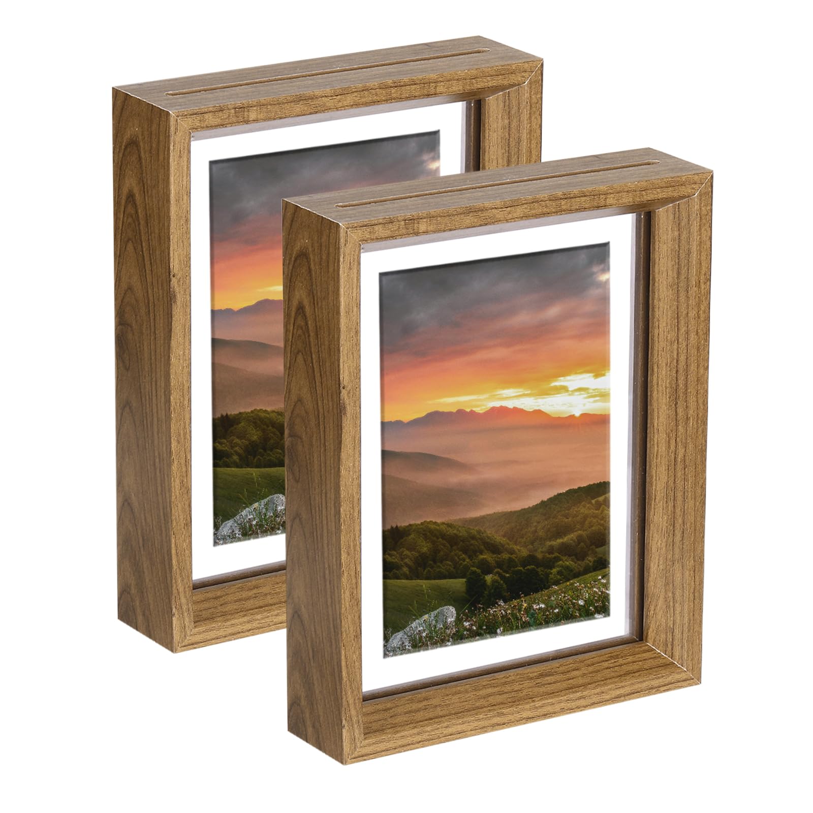 sourcing map 2Pcs Floating Frame, 7 x 5 Inch Natural Wood Pictures Frames for Pressed Flowers Standing Wall Hanging Picture Collection, Natural Wood