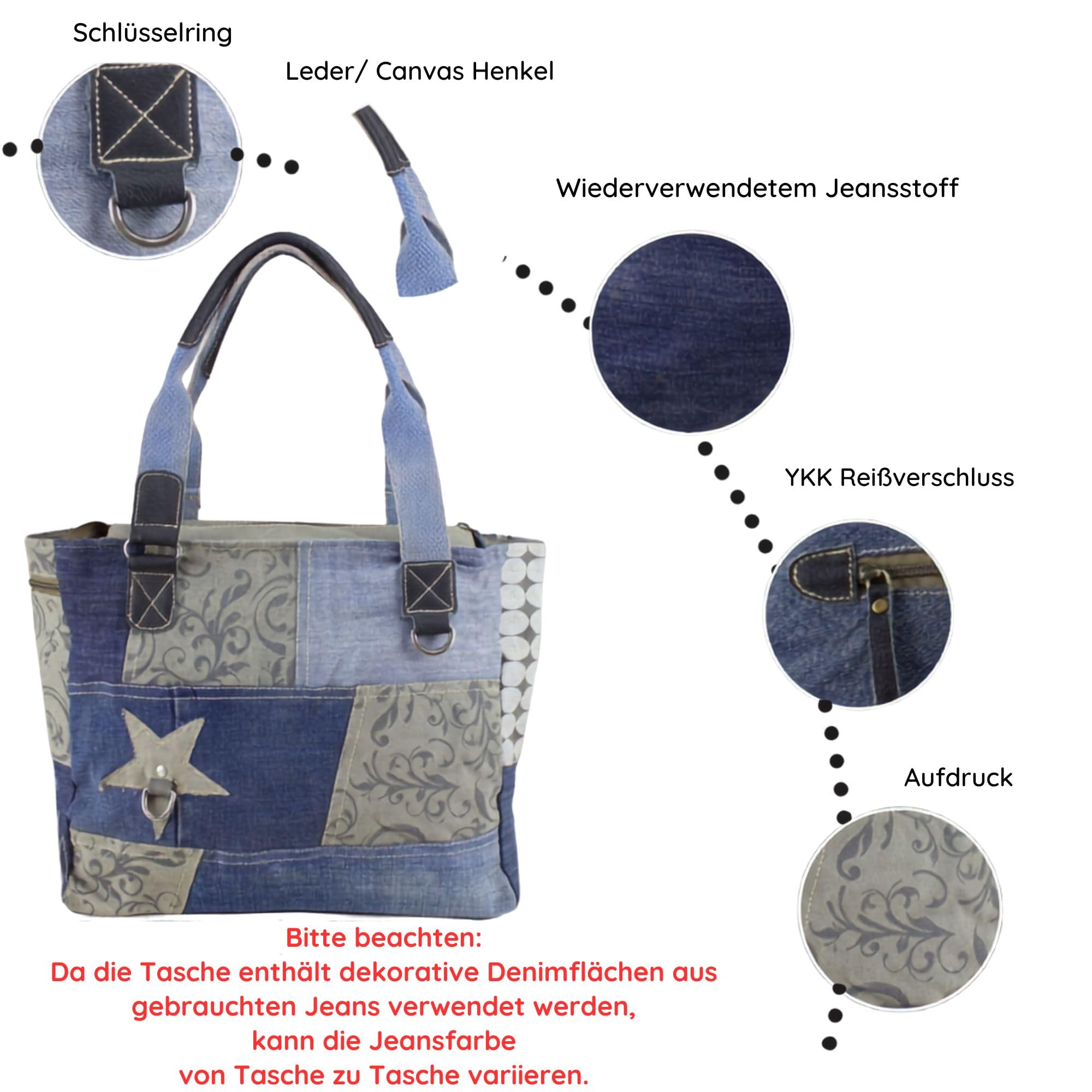 Sunsa Handtasche. Damen Tasche. Große Damentasche. Nachhaltige Shopper. Schultertasche aus recycelte Jeans Stoff & Canvas in Retro Vintage Stil