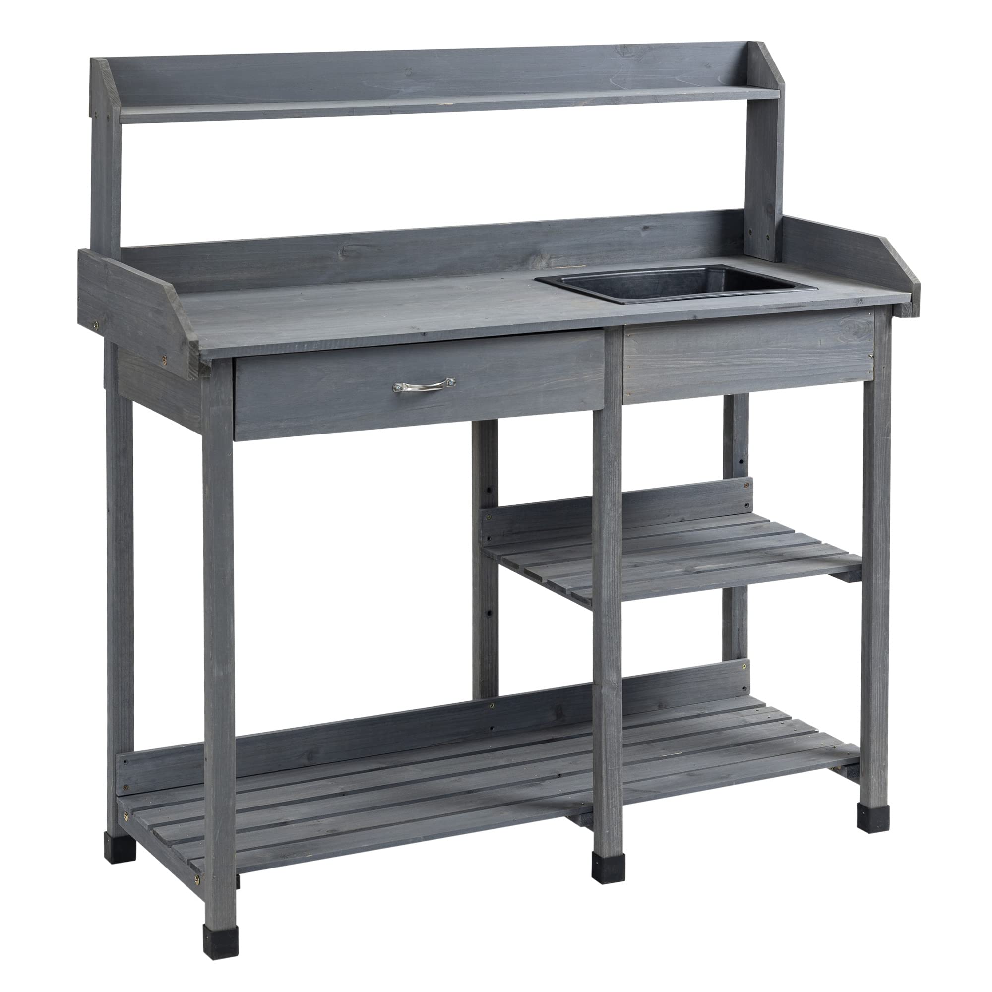 Outsunny Tavolo da giardinaggio multifunzionale con cassetto, 3 ripiani, lavello, 3 ganci - tavolo da giardinaggio in legno di abete preoliato grigio