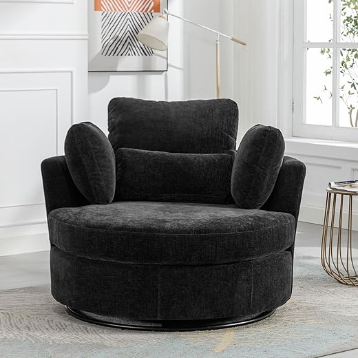 Oversized Swivel Accent Barrel Chair with Storage Large Ottoman & 4 Pillow, Chaise Lounge Chair Comfy Big Round Reading Chair Cuddler Chair for Living Room, Bedroom (Chenille Beige with Ottoman)