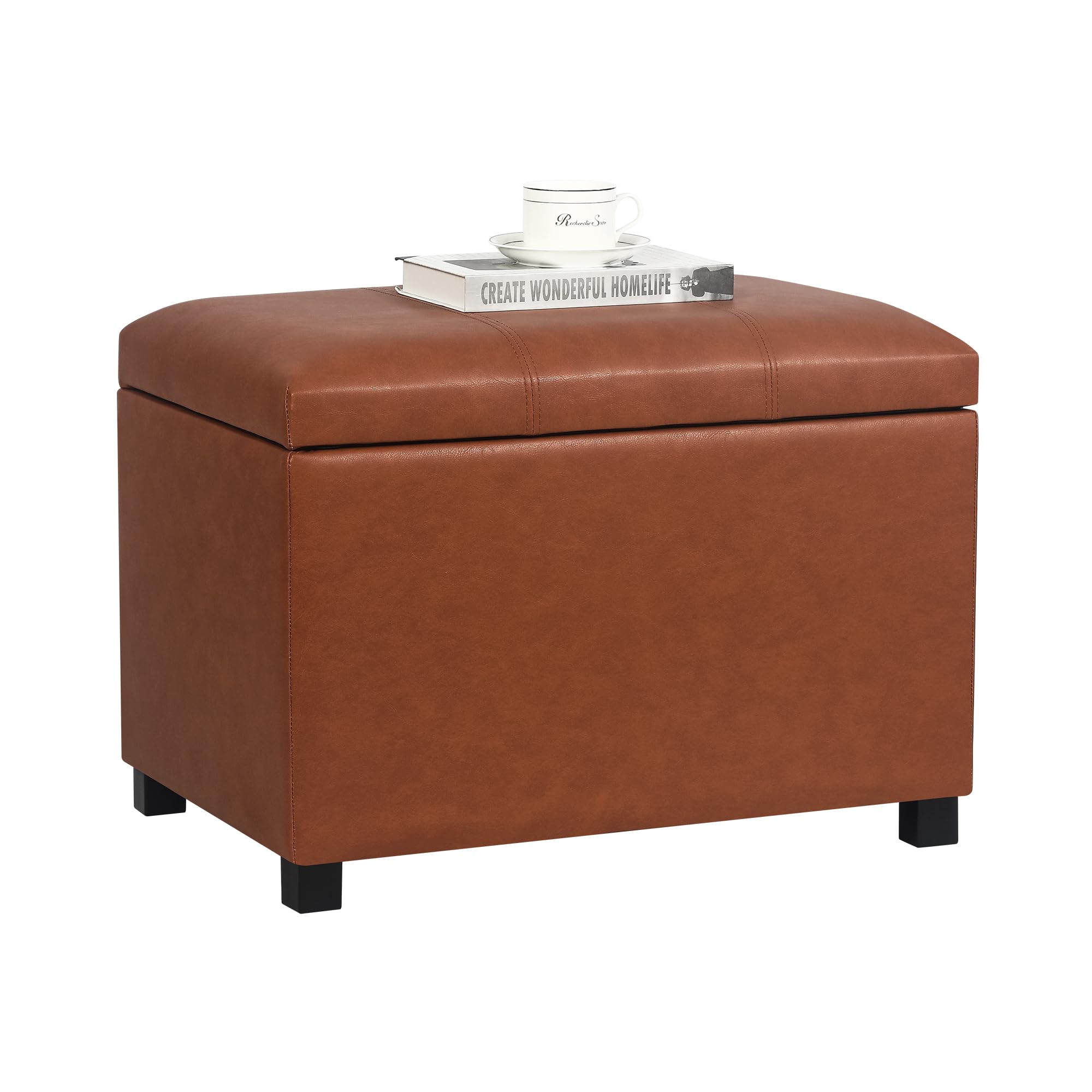 Joveco 24" Leather Storage Ottoman Bench, Rectangle Foot Rest Stool for Living Room, Bedroom, Entryway, Cognac Brown