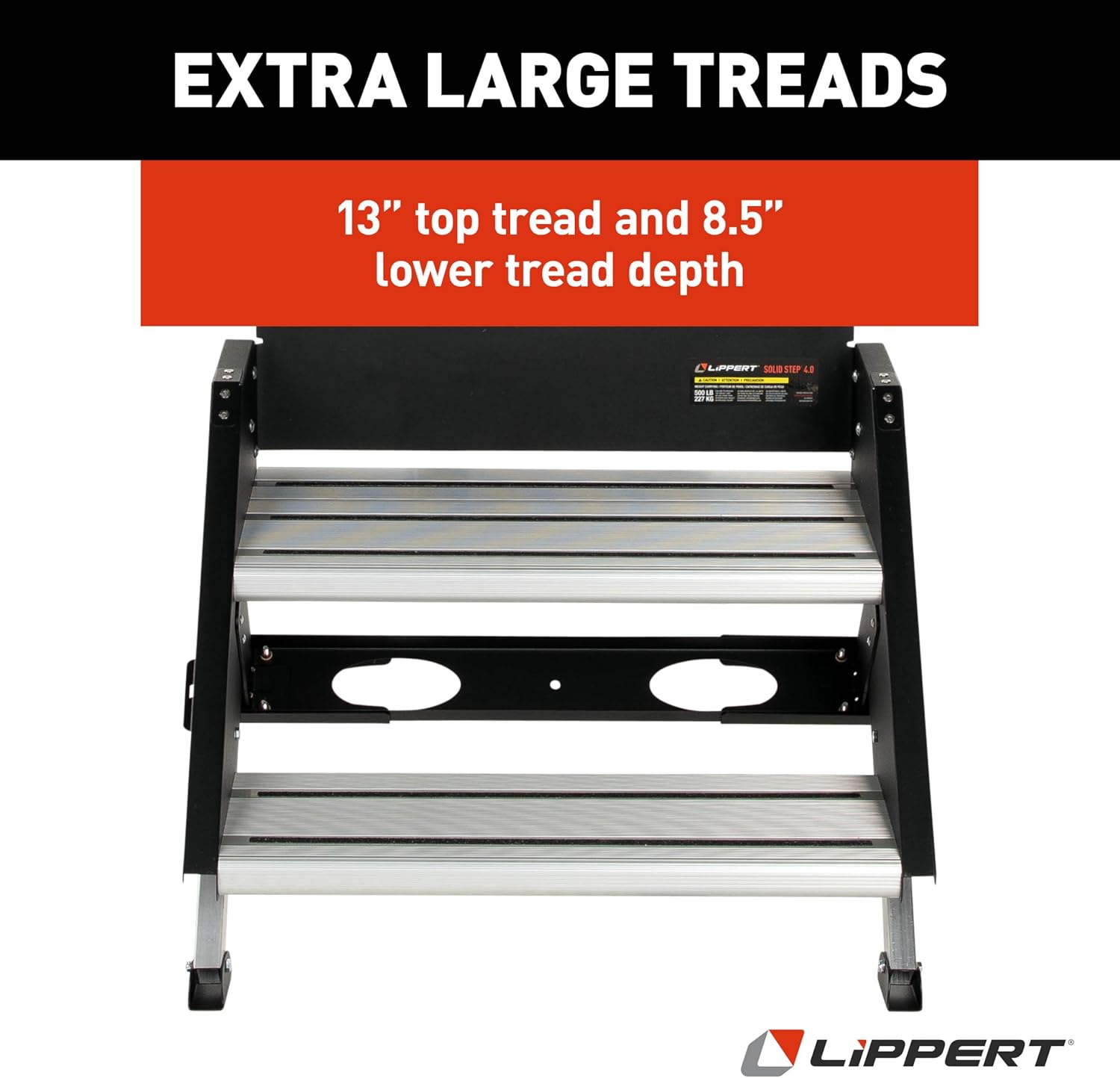 Lippert Solid Step 4.0 Premium Double RV Camper Entry Steps with 26" Step Width, XL Top Tread, 8" Rise, 500-lb. Weight Capacity, Adjustable Legs, Recessed Feet, Foldable Design - 2024056996