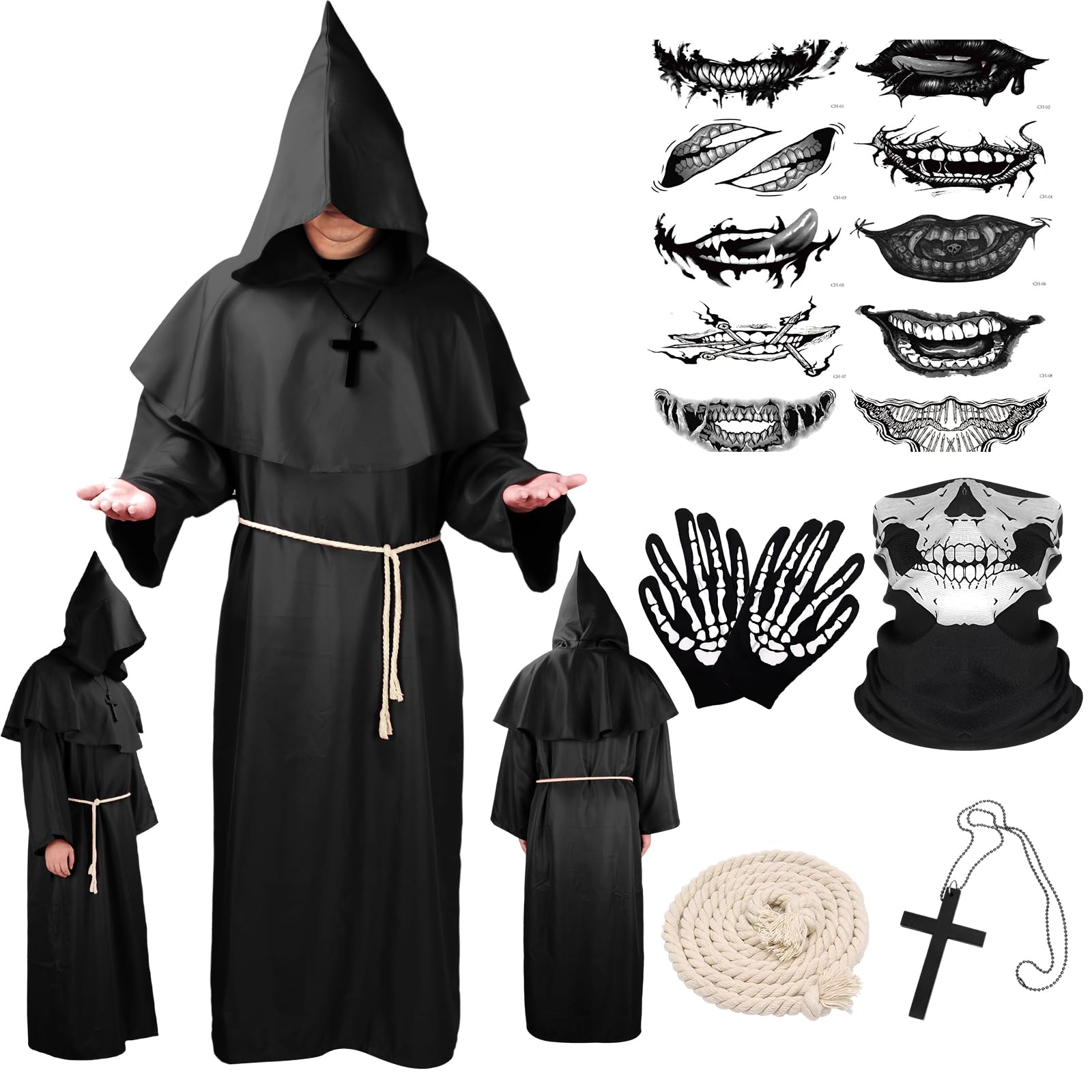 Disfraz de Monje Sacerdote Túnica Medieval Renacimiento Traje Disfraz Cura Túnica de Monje con Capucha Cuerda de Cintura Collar de Cruz Guantes y Máscara para Halloween Carnaval