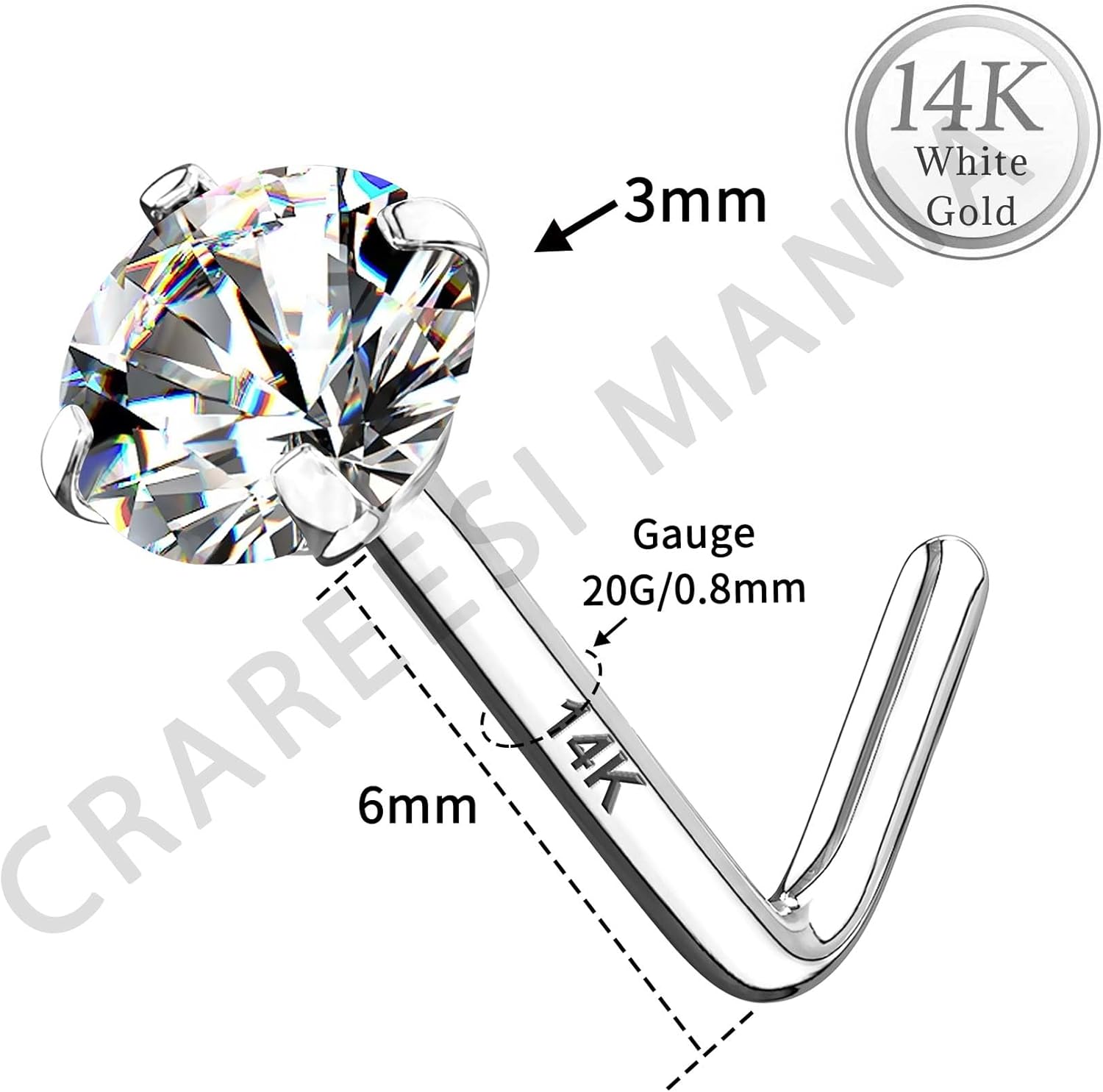 CM Crareesi Mania 14K Real Gold Nose Studs 20G Nose Rings Studs L Shaped Nose Rings for Women Men Diamond CZ Nose Piercing - Image 3