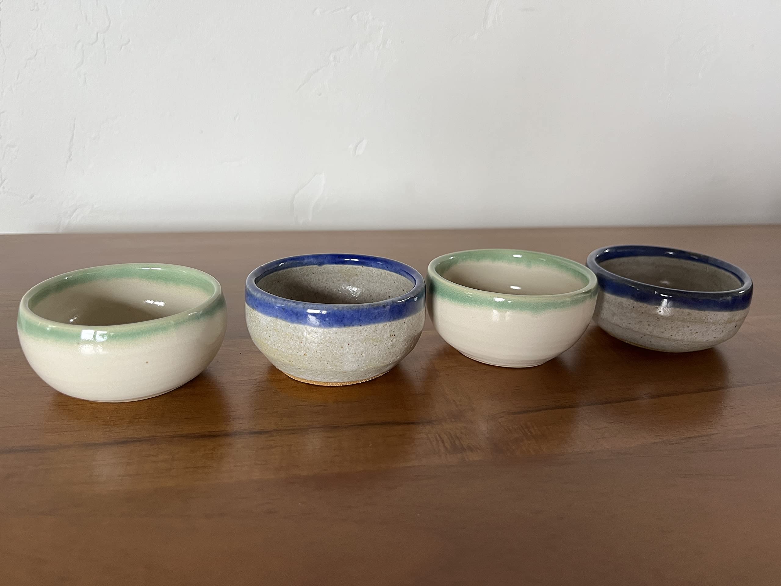 Artisan Mezcal | Tequila | Sake Clay Cups | Handcrafted and Hand Painted | The Proper Traditional Vessel for Neat Spirits | Made in the USA | Set of 4 (Green Rim - White, Blue Rim - Grey)