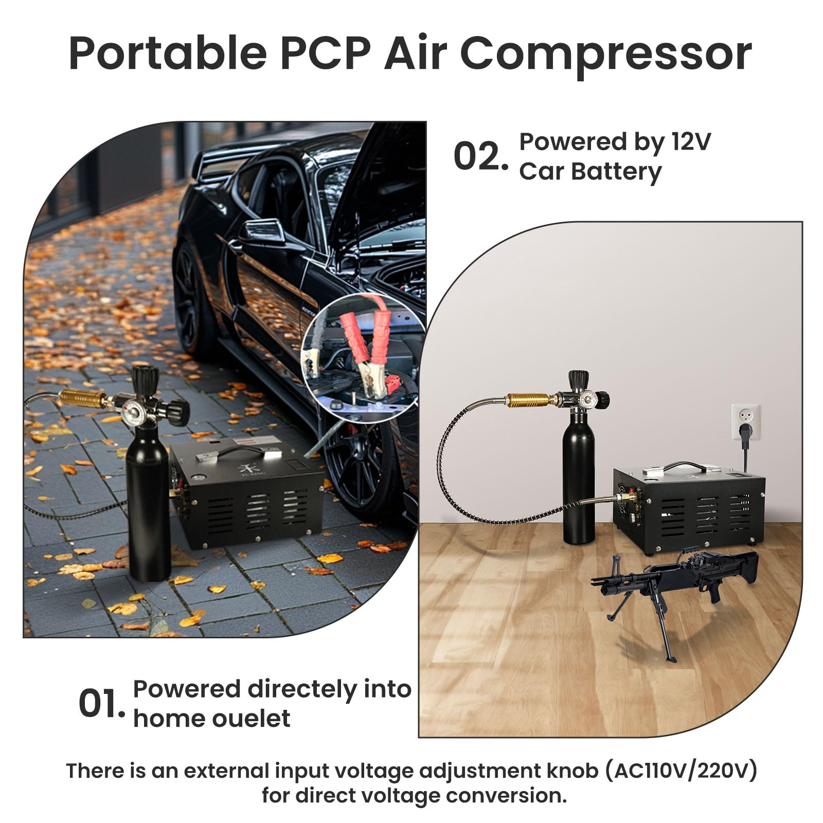 TUXING 4500Psi PCP-Luftkompressor, eingebauter 110V/220V/12V-Stromrichter/großer Öl-Wasser-Abscheider, Ein-Knopf-Start, Berstscheibe für PCP-Gewehr/-Pistole und Paintball-Tank