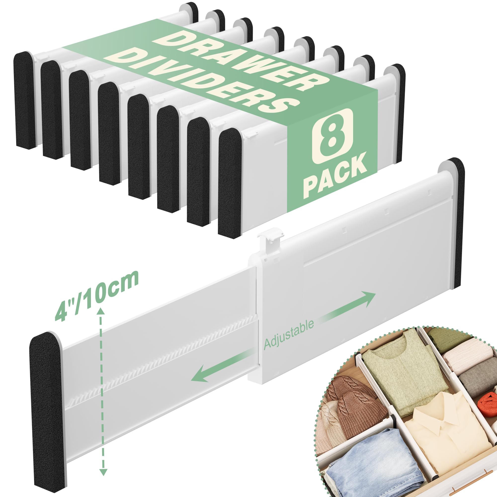 FUNIZE Adjustable Drawer Dividers, 4'' High Expandable Drawer Organizers for Clothes, 12 Pack 12.6-22.8'' Drawer Separators for Kitchen/Bedroom/Office/Bathroom Organization and Storage