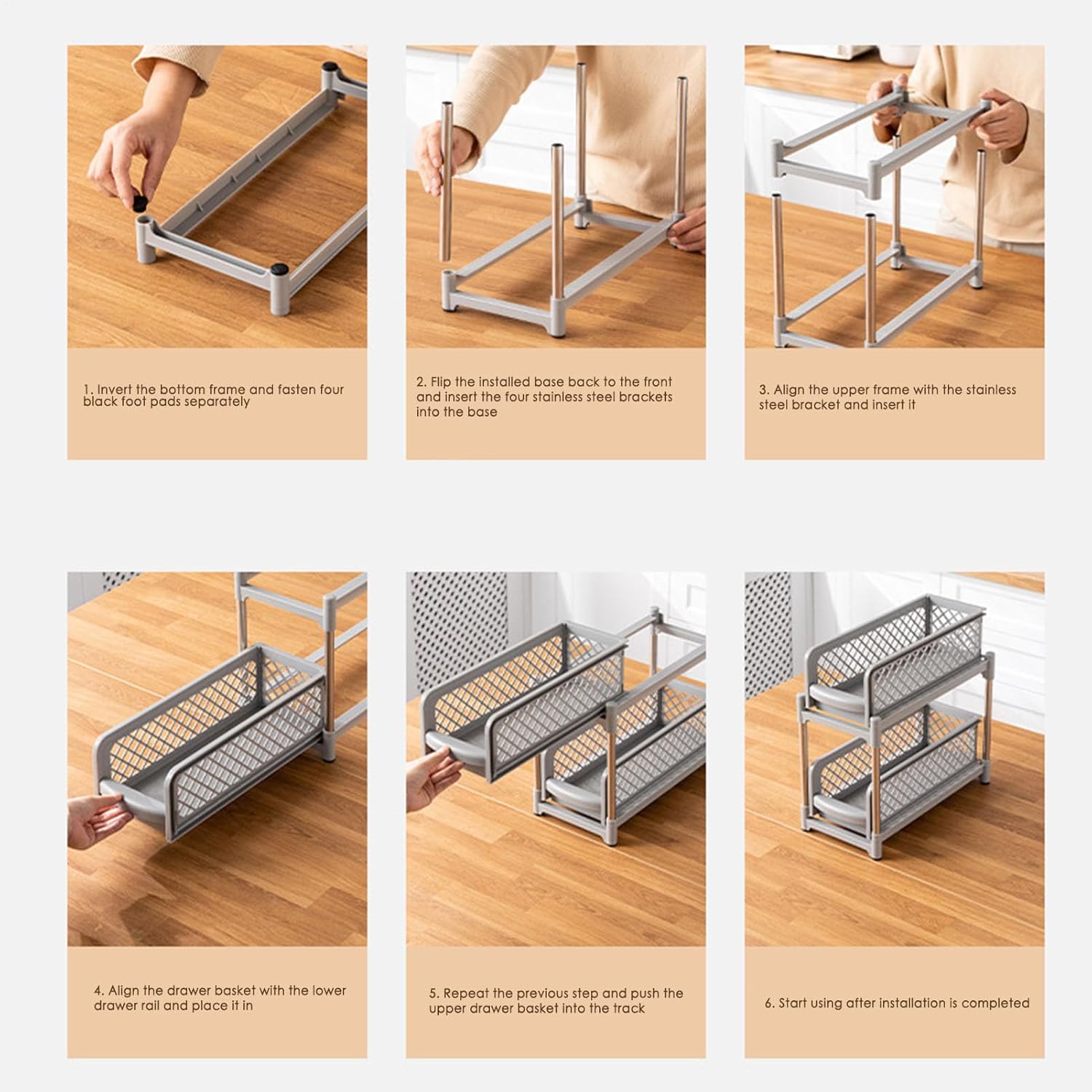 Pull Out Organizer, Double Layer Sliding Basket Organizer with Stainless Steel Frame, 2-Tier Bathroom and Kitchen Storage for Closet, Home