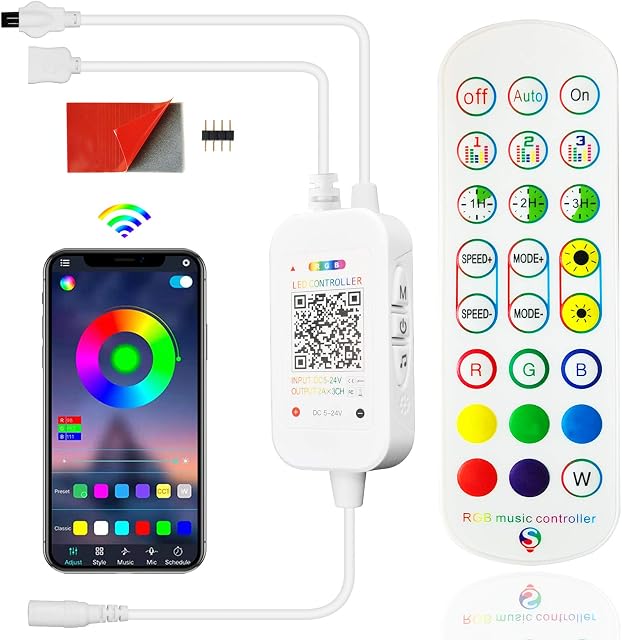 ZABY Bluetooth LED Remote Control, 24-Key LED Strip Remote Control RGB Controller Box with APP/ Remote/ Music Sync Controlled, Work with 5v-24v 4-Pin 10mm RGB LED Strip Lights