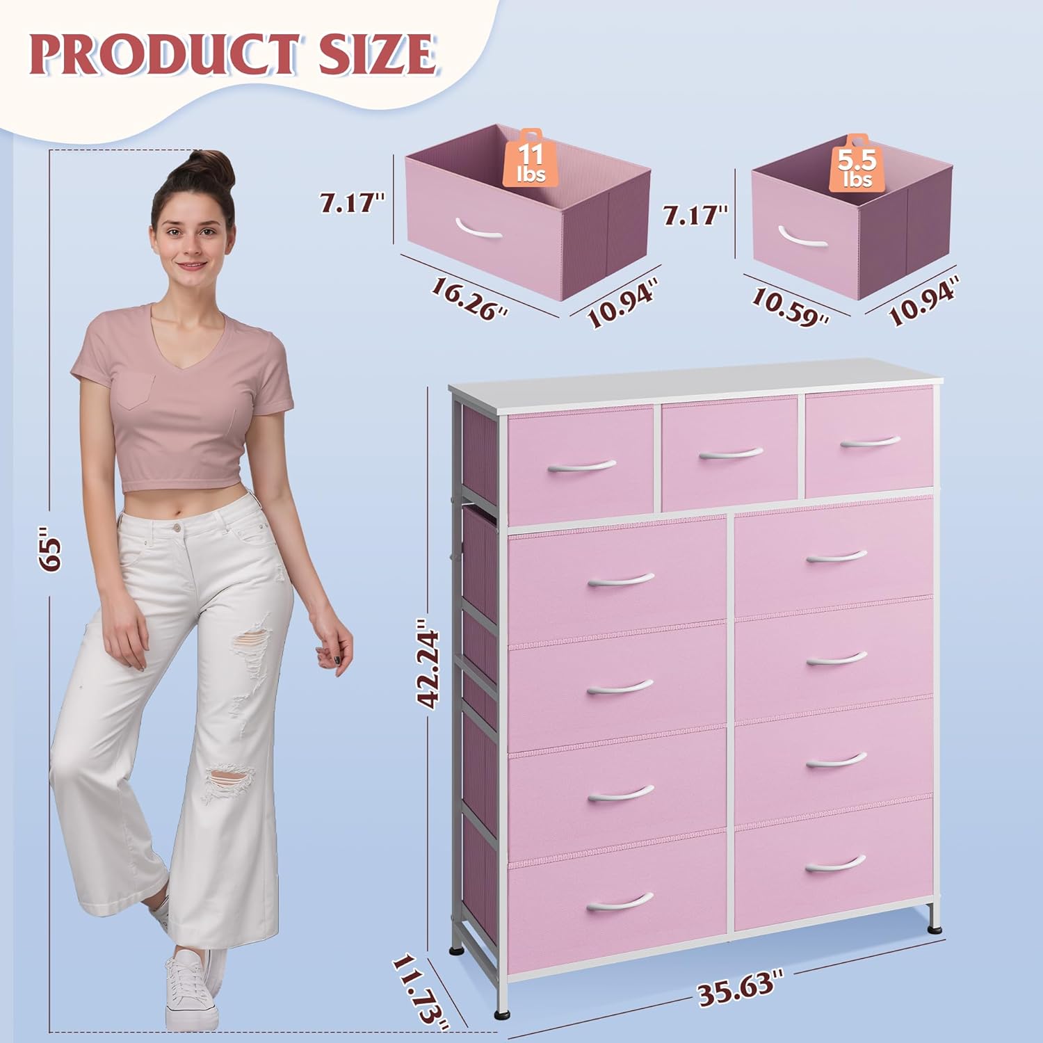 WLIVE Storage Organizer Unit with 11 Fabric Bins, Storage Drawers Organizer with Steel Frame, Tall Storage Tower Organizaton for Living Room, Hallway, Office,A-Pink