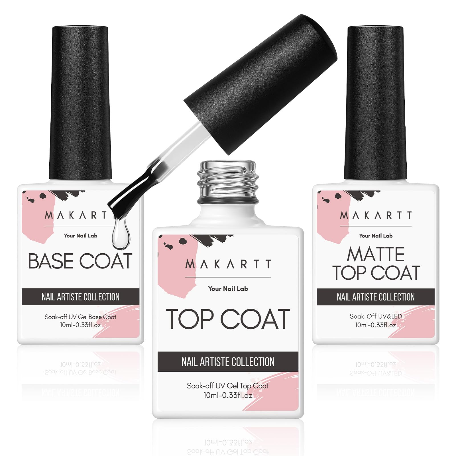 Makartt No Wipe Gel Top and Base Coat Set Matte Glossy Finish 3pcs Soak-Off Long Lasting Gel Nail