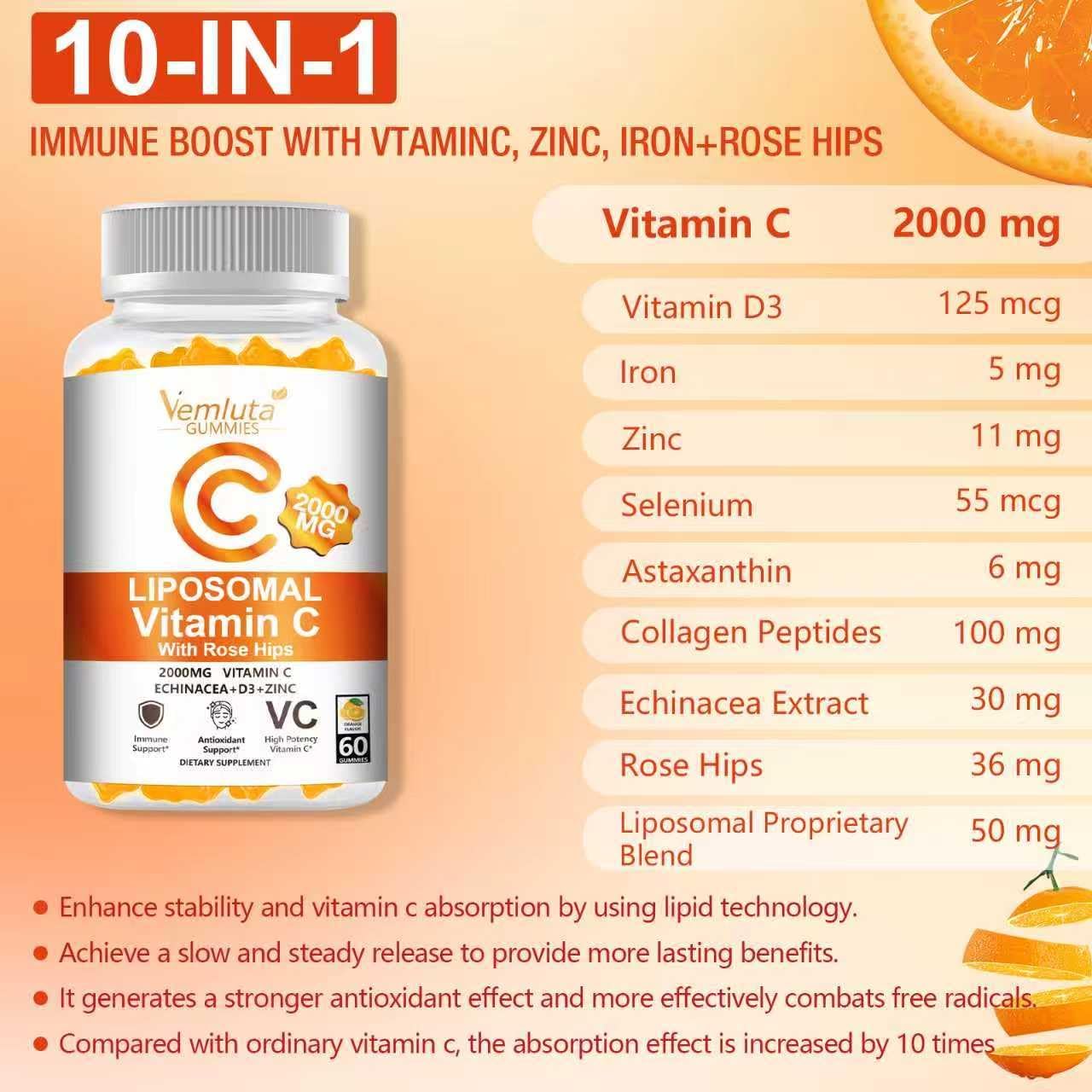 2 Pack Liposomal Vitamin C 2000mg Gummies Complex Rose Hips with D3 5000IU,Elderberry Echinacea,Iron & Zinc for Adults Kids Immune,Antioxidant & Collagen Support,Orange Flavor, 120Count