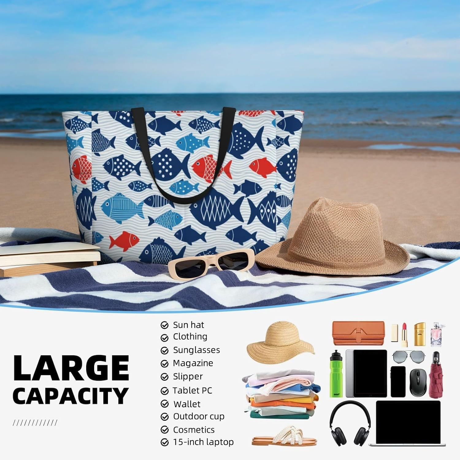 THE PIRATE KING Beach Tote Pool Bag for Women Waterproof and Sand-proof Large Capacity with Zippers for Travel Vacation Gym