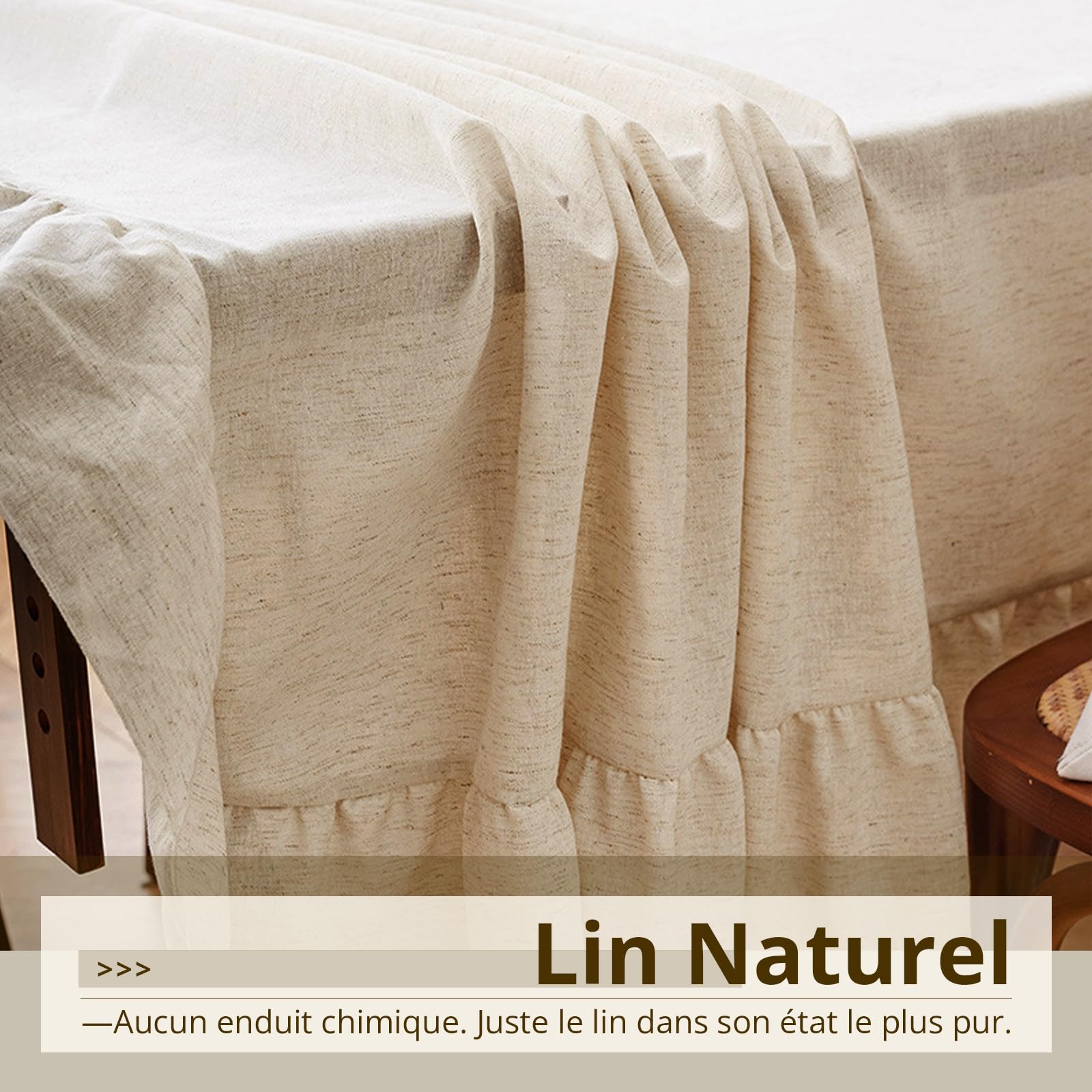 Aeici Nappe de Jardin Beige 140x260 cm, Grande Nappe en Lin à Volants | Couverture de table rectangulaire résistante et anti-poussière. Idéale pour grandes tables de terrasse et fêtes.