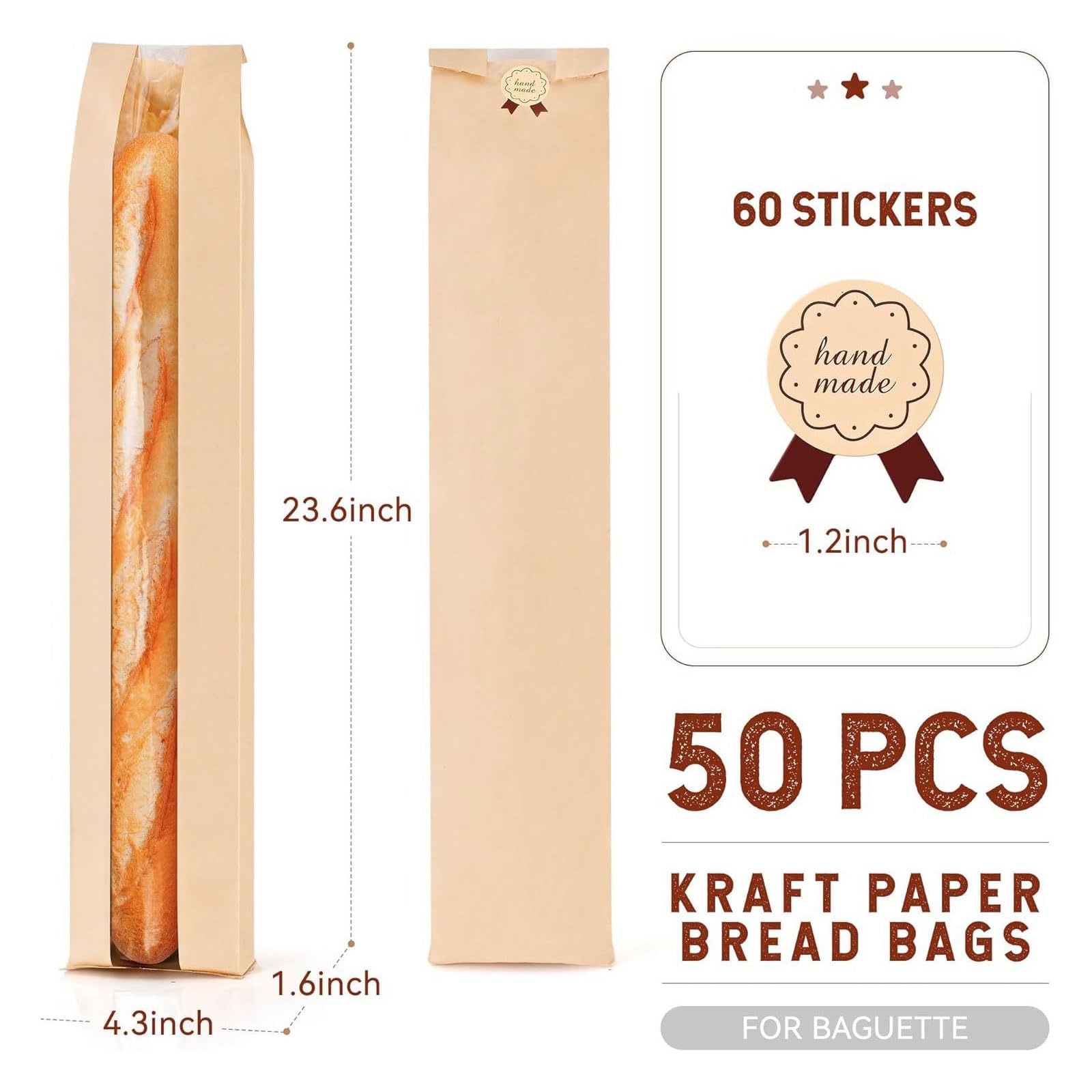 Baguette-Papiertüten Mit Fenster - 50 Stück Brotbeutel Für Bäckereien & Privat