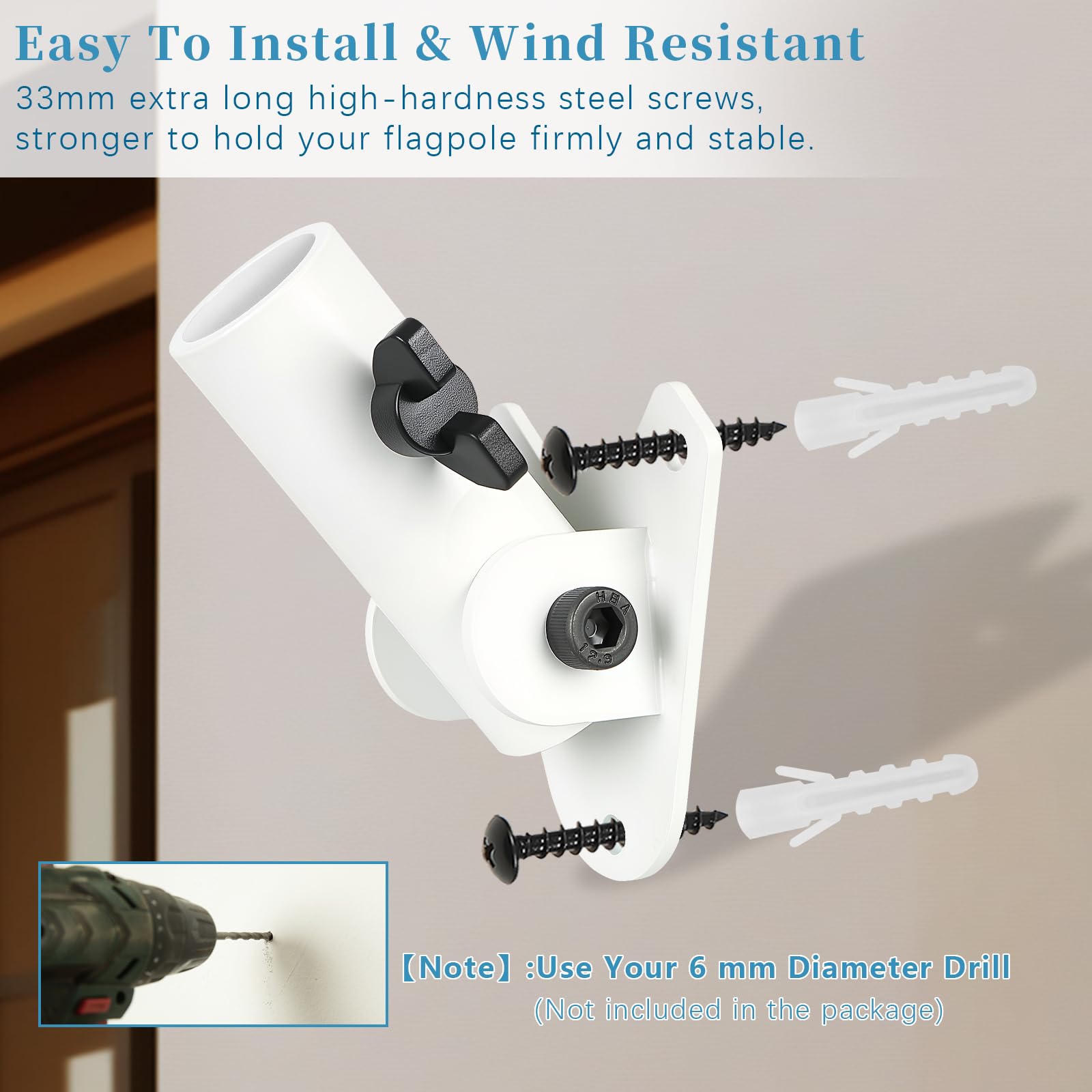 Supporto per asta portabandiera Staffa di montaggio Robusto in metallo - Staffa da parete antivento con regolazione dell'inclinazione per pareti di casa, recinzione e giardino (bianco X2)