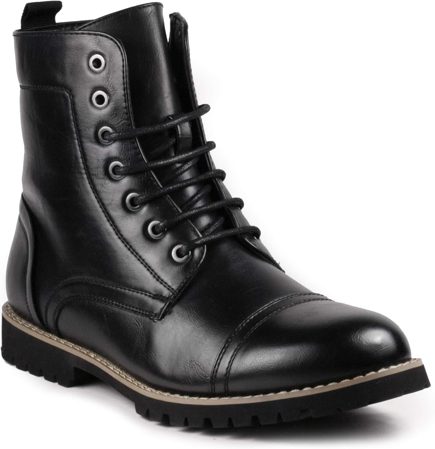 Metrocharm Classic Combat Style Boots, Synthetic Leather, Military Style Lace-up with Side Zipper, Rugged Lug Sole, Cap Toe Design, Casual Wear MC311