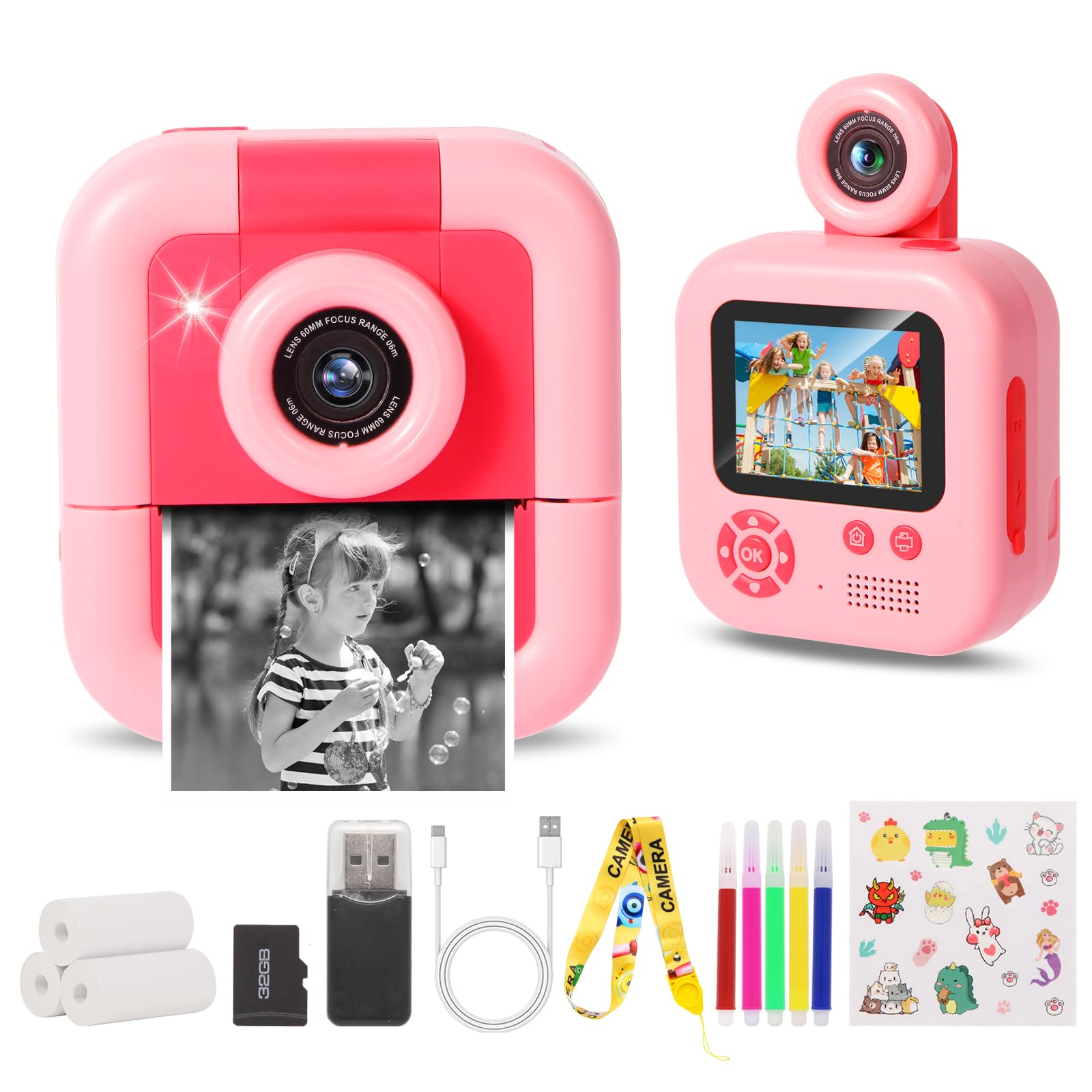 Macchina Fotografica Bambini Istantanea, ZUEOKAI 2,4" Fotocamera Istantanea Bambini con 180° Flip Obiettivo e 3 Stampa Carta, Fotocamera bambini con 32GB, Regalo Bambina Bambino 3 4 5 6 7 8 9 10 anni