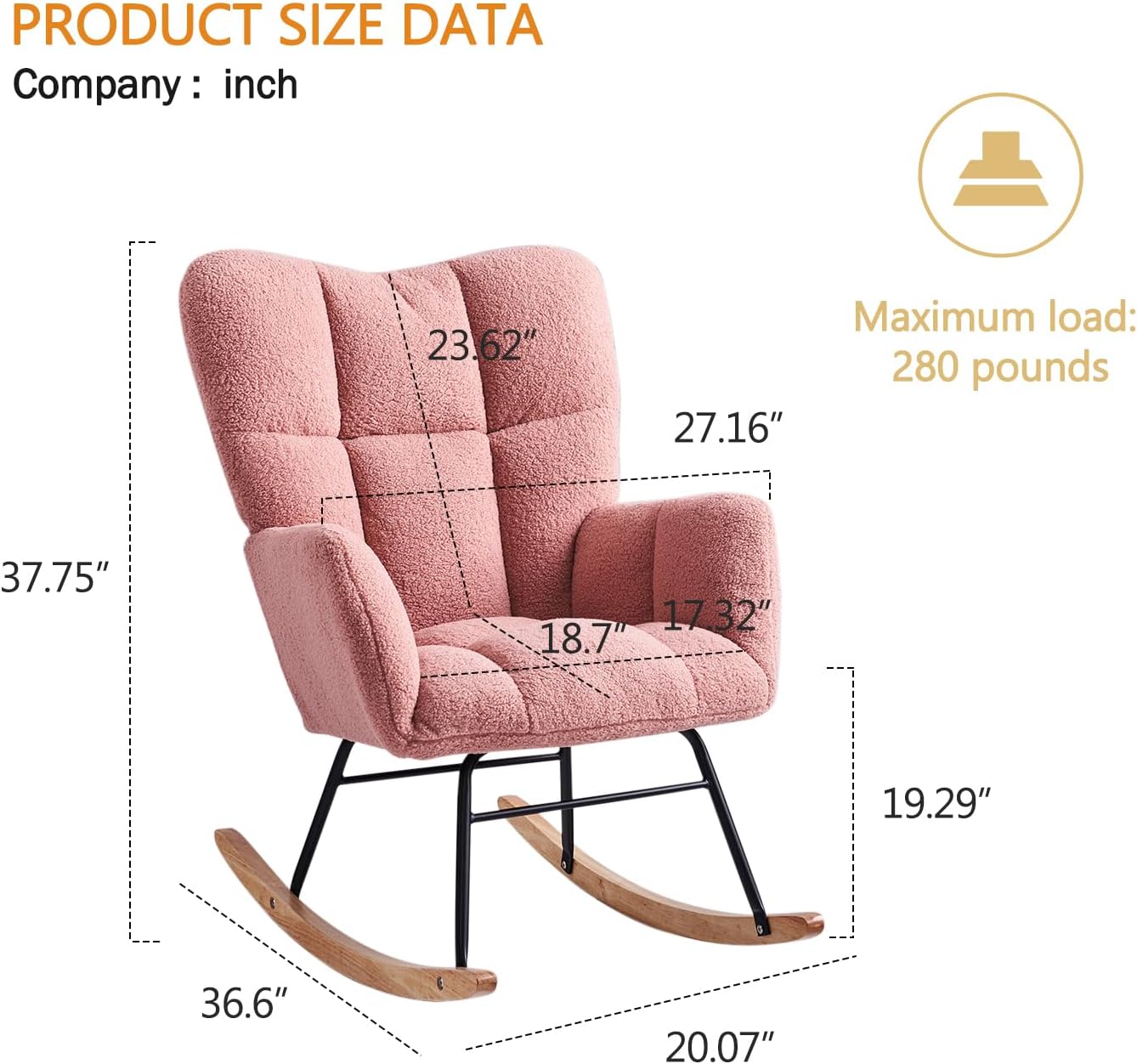 Kiztir Rocking Chair Nursery, High Backrest Teddy Glider Rocker Upholstered Rocker Recliner Modern Rocking Accent Chairs for Bedroom, Living Room, Offices (Pink)