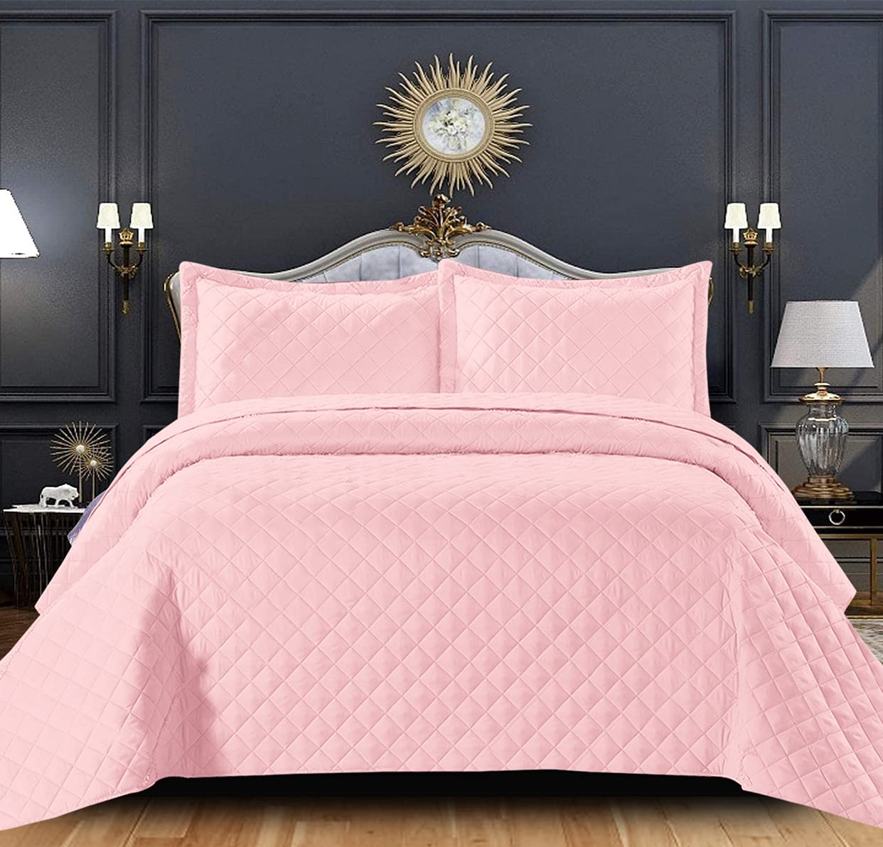 PRIME LINENS Super King Size Bedding Set - Pink Quilted Bedspread Throw + 2 Pillow Shams - Reversible Embossed Pattern Quilt Bed Cover for Bedroom Decor-image-19