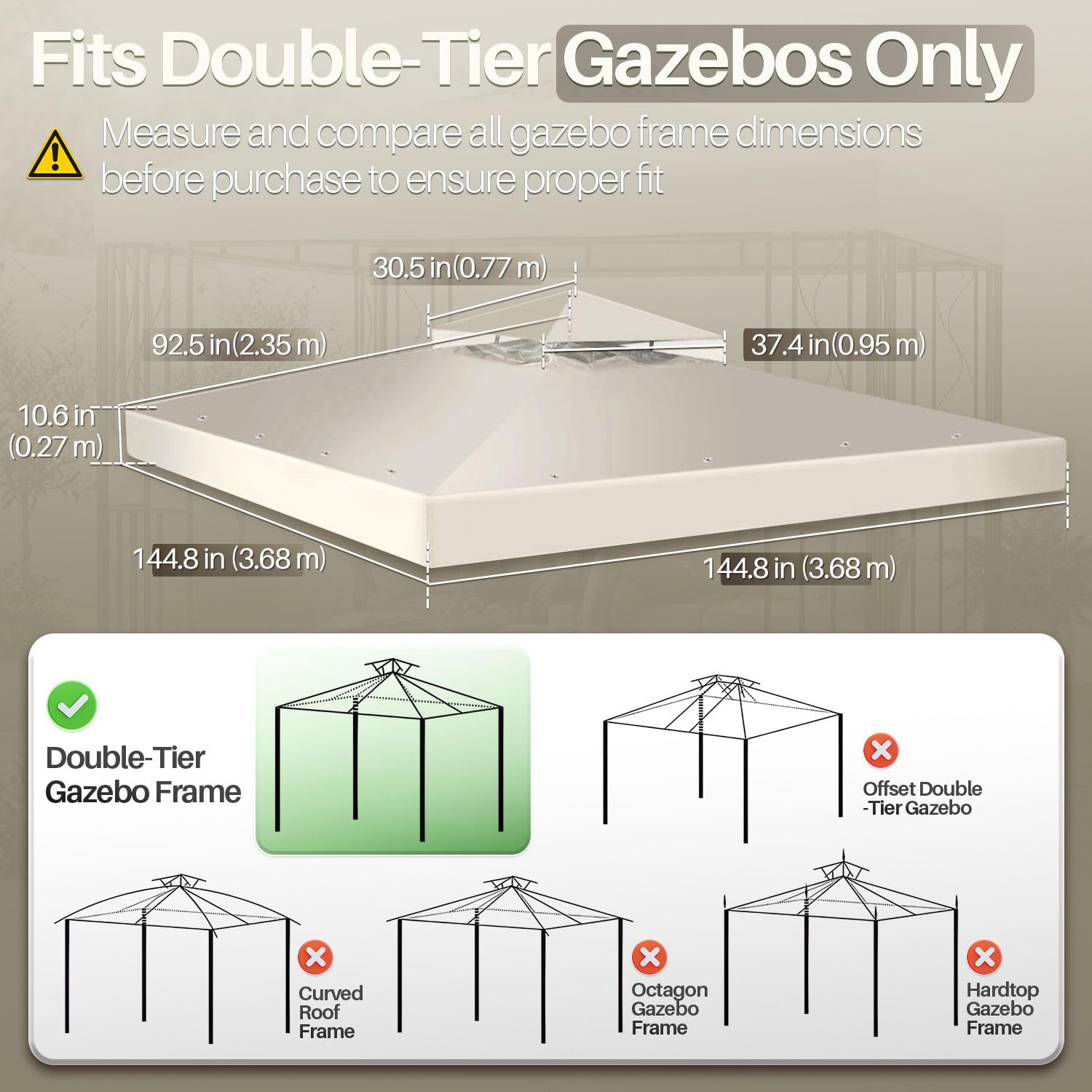 Flexzion Zapasowy baldachim do pawilonu górnego, wodoodporna osłona, 2,5 x 12 (2,5 m x 2,5 m) - do pawilonu zewnętrznego, dwupoziomowa osłona UV30 do baldachimów, ogrodu, patio, namiotu podwórkowego