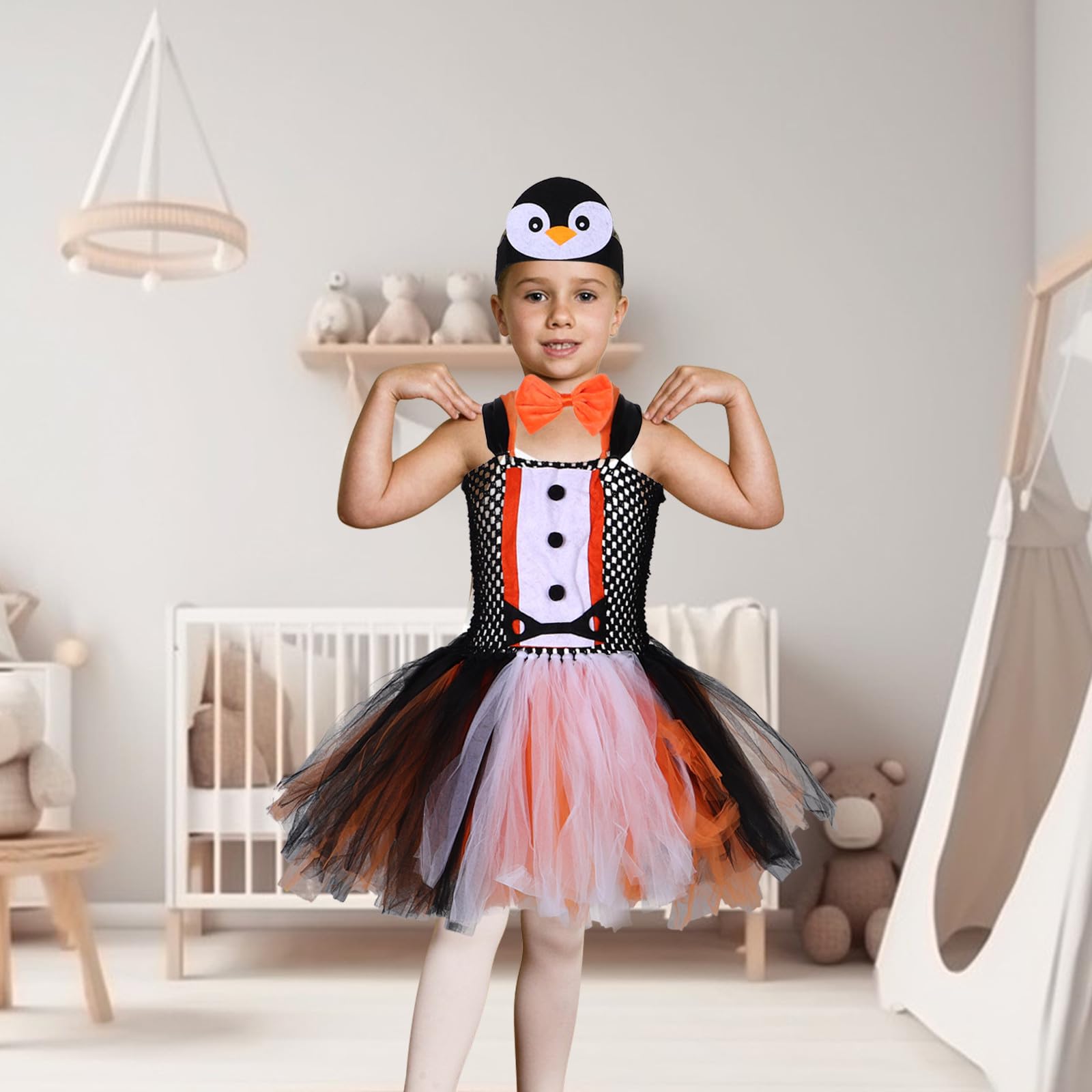 Healvian 1 zestaw kostiumu pingwina cosplay: Halloweenowa sukienka tutu z pingwinem, opaska na głowę, muszka, przebranie zwierząt, strój na Halloween, Boże Narodzenie, urodziny, artykuły na imprezę