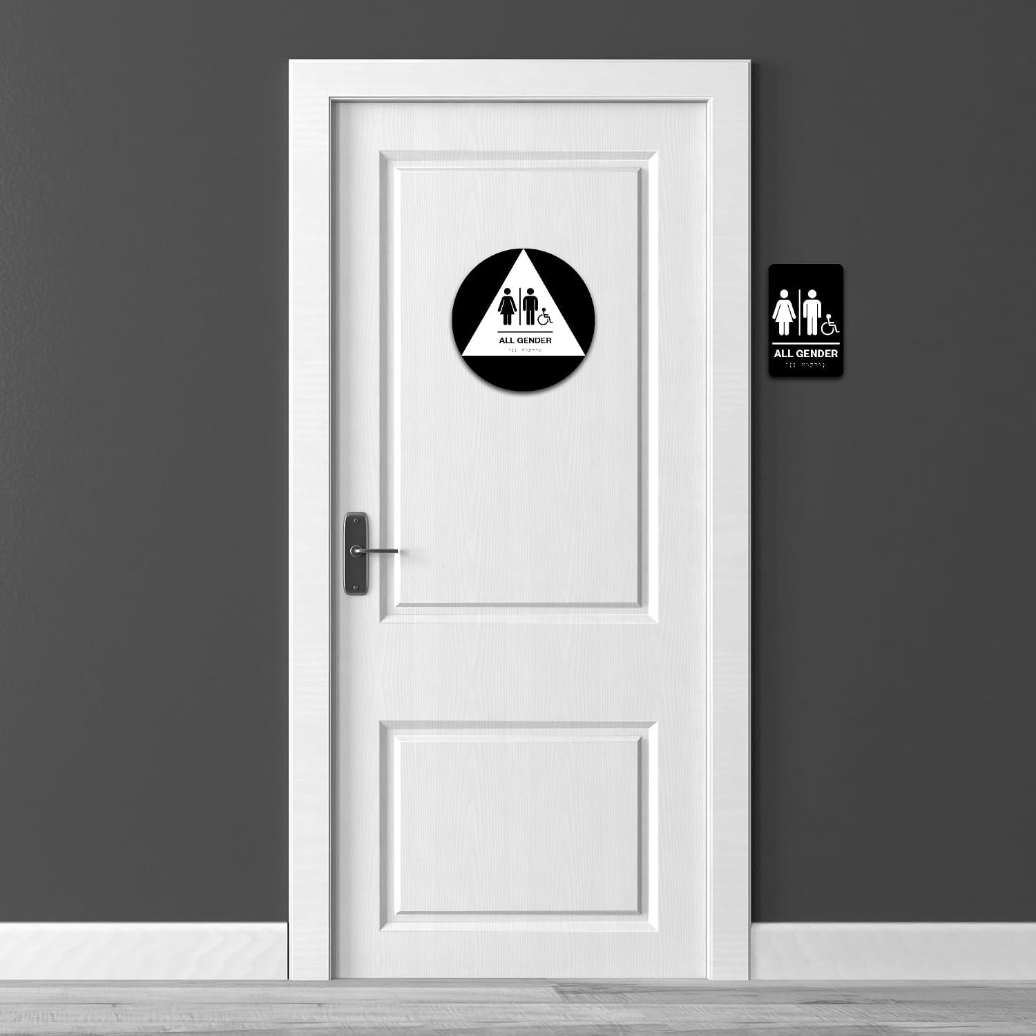 | Self Stick ADA all gender Bathroom sign Restroom Sign with Handicap Symbol| ADA and CA Title 24 compliant with Braille | Black/White | Made in USA