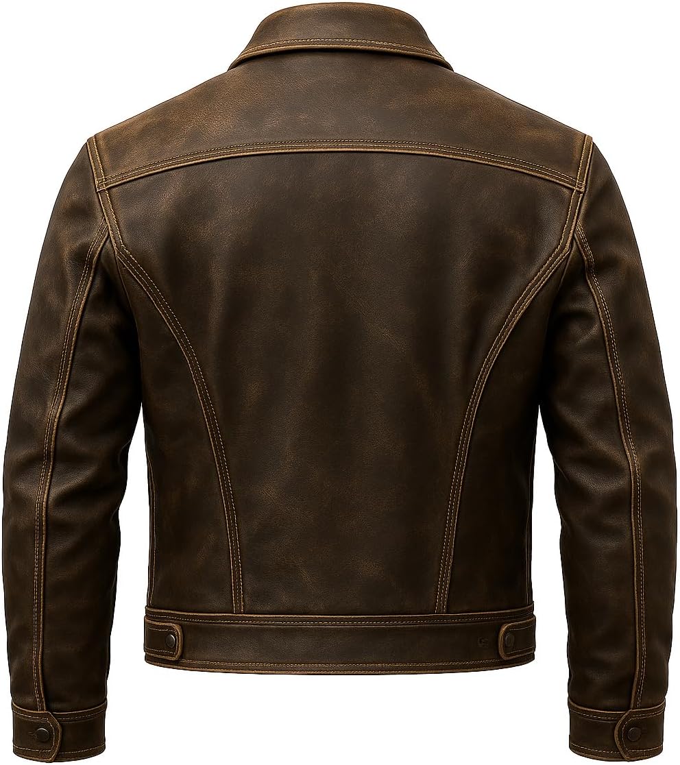 Men’s Distressed Brown Lambskin Leather Trucker Jacket - Men Genuine Vintage Motorcycle Biker Style Western Jackets - Image 2