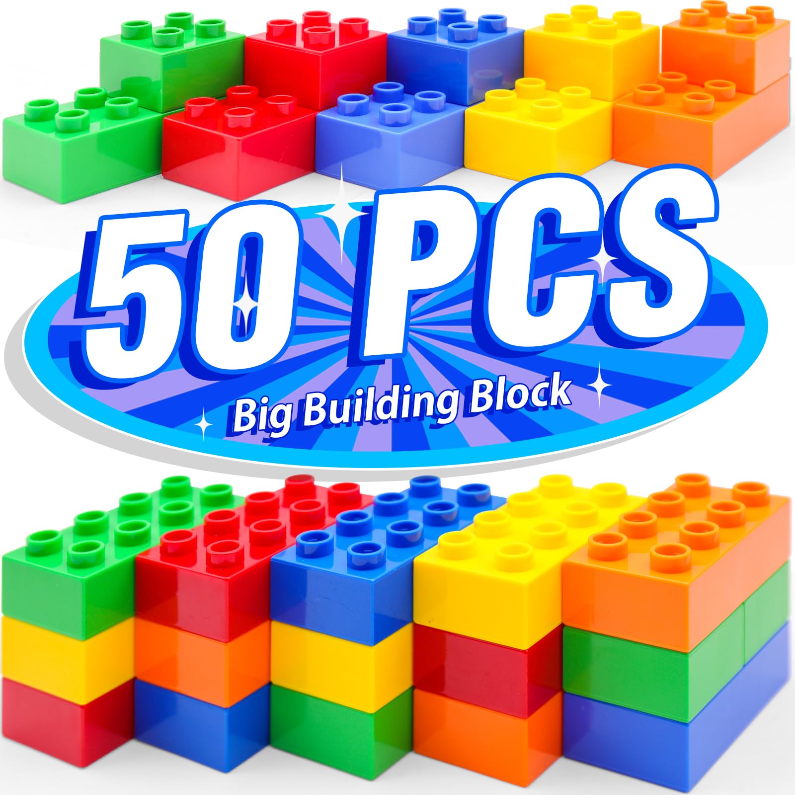 Building Blocks Set, 50 Pieces, 2x2 & 2x4 Shapes, Large Duplo-Compatible Bricks, ABS Material, Educational Toy for Creative Thinking, Compatible with Duplo Bricks, for Toddlers 2, 3, 4, 5, 6 Years.