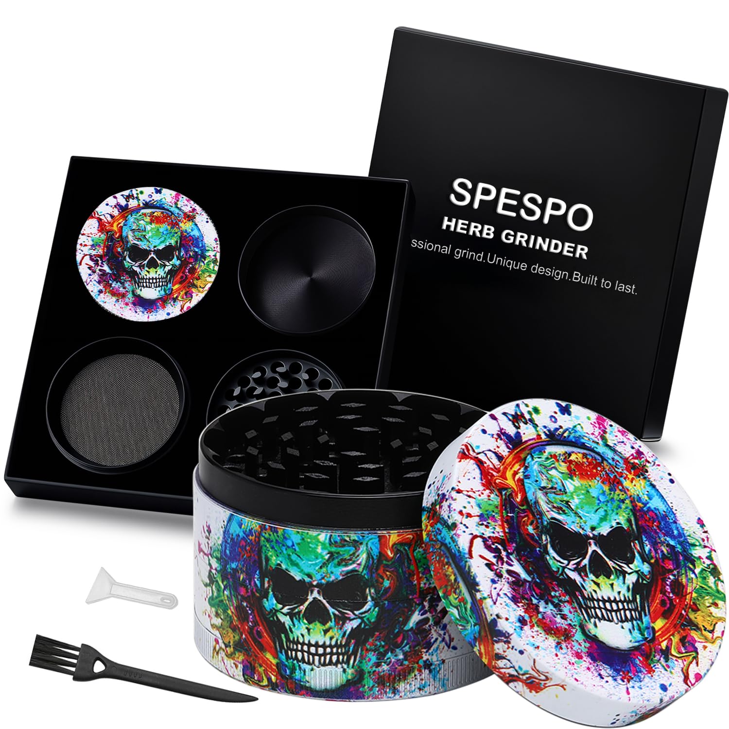 Herb Grinder, Large Spice Grinder 63mm(2.5 inch),4 Layers Full Color Painting with Pollen Scraper (Skull Design)