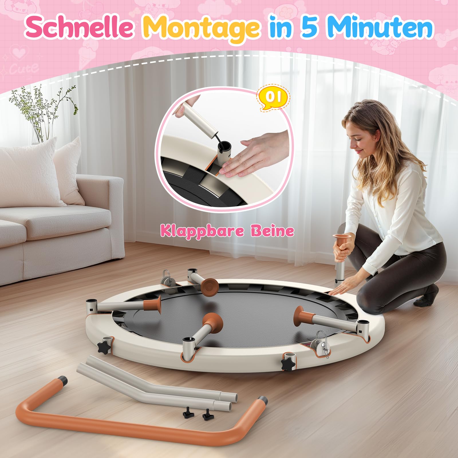 BCAN 91 cm Kleinkind-Trampolin, Verstellbarer Griff, Sicherheitspolster und klappbare Beine, Baby-Trampolin für drinnen und draußen, Geschenk für Jungen und Mädchen