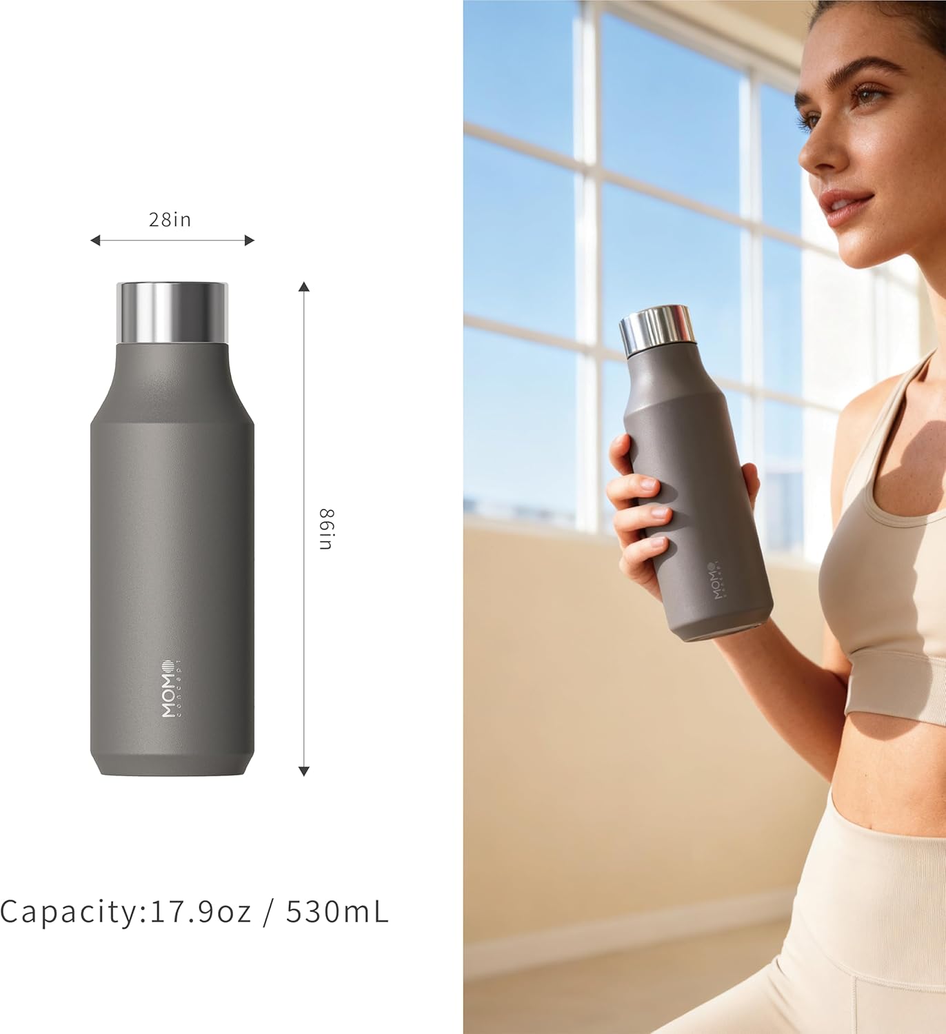 17.9oz Insulated Stainless Steel Water Bottle, 530ML Flask for Hot & Cold Beverages, Leak-Proof Vacuum Flask for Travel, Gym and Daily Use (Grey) - Image 2